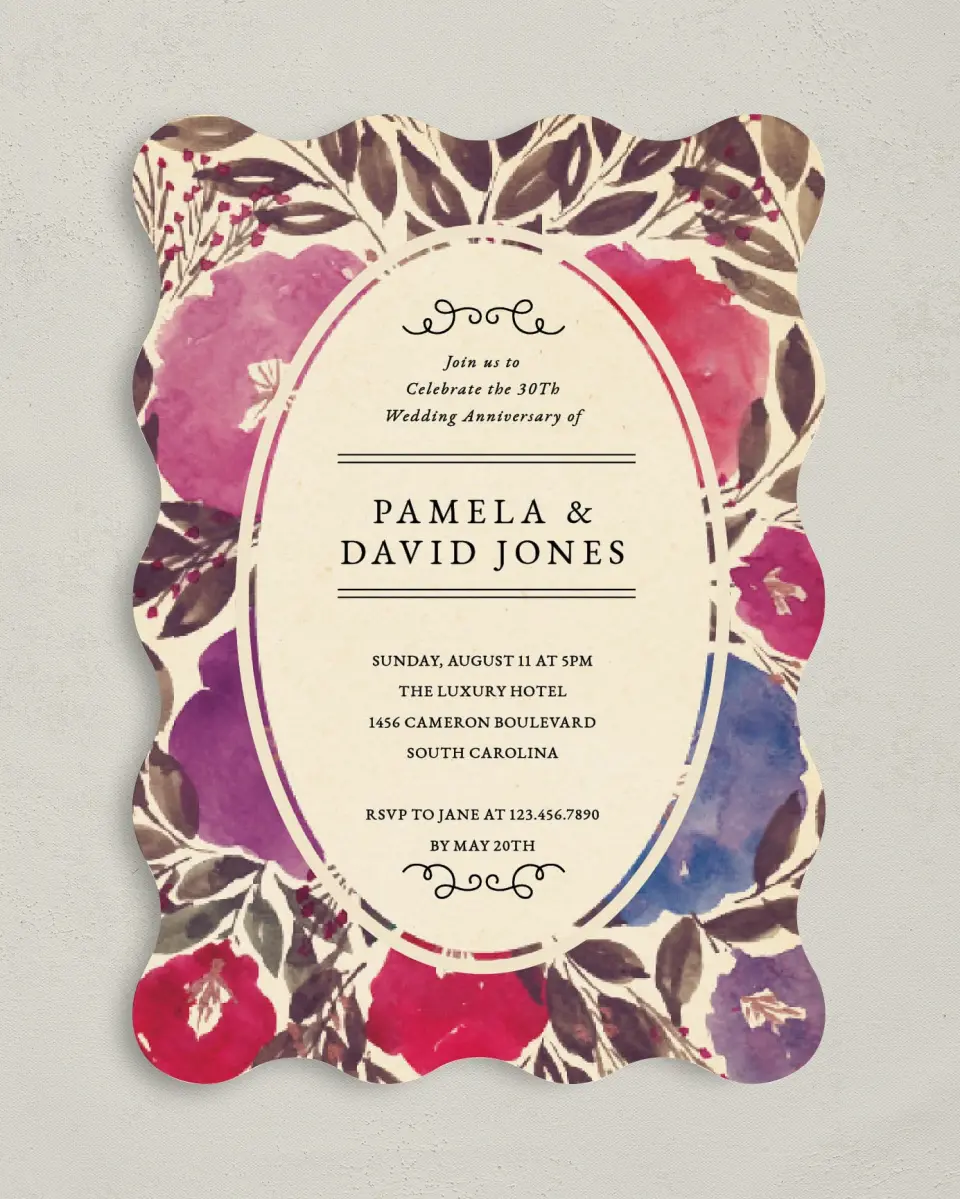 This is a 5" x 7" Anniversary Invitation called Anniversary Flowers printed in full color on Premium Smooth paper