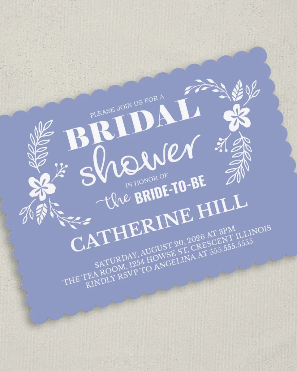 This is a 5" x 7" Bridal Shower Invitation called Chic Abundance printed in full color with Silver foil on Luxe Satin (coated) paper