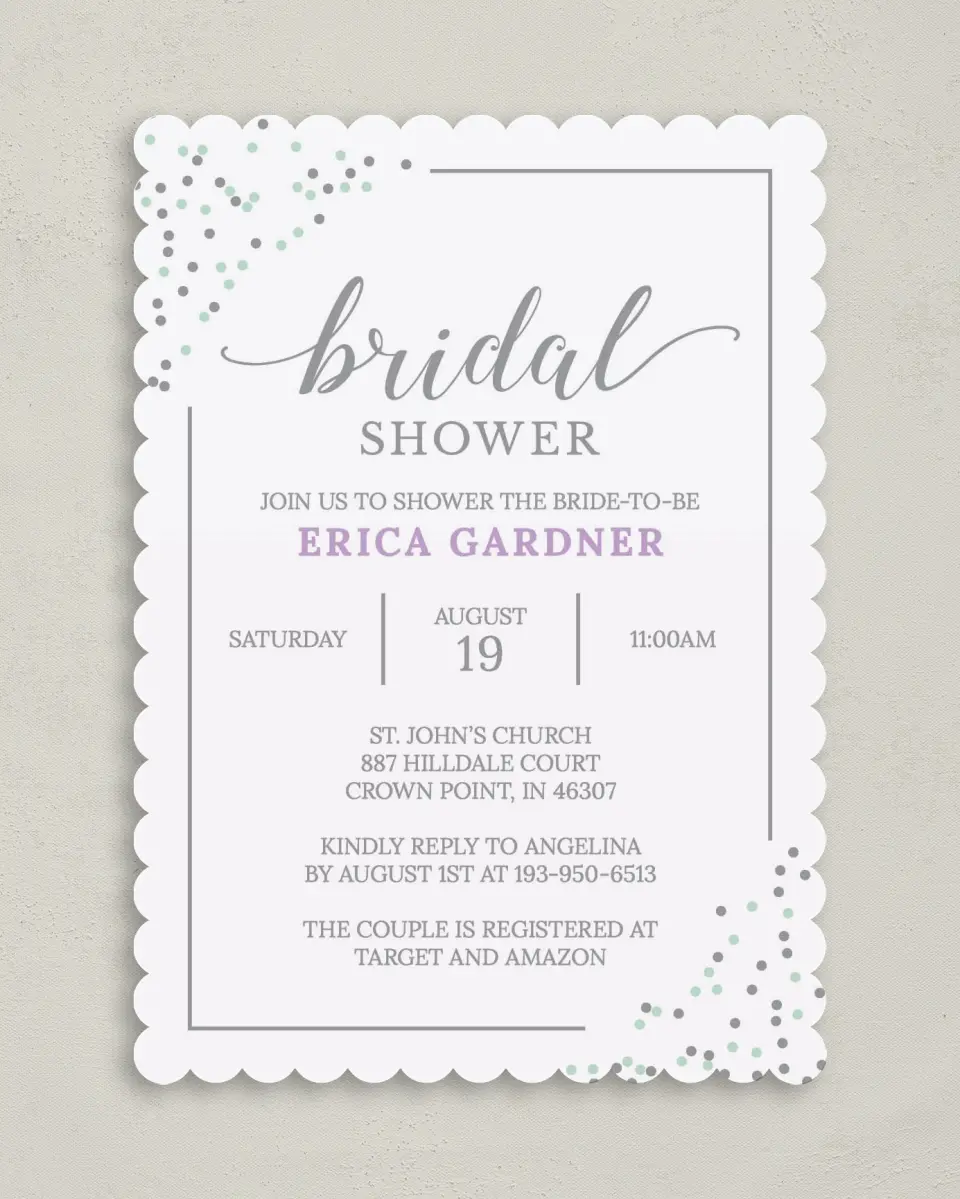 This is a 5" x 7" Bridal Shower Invitation called Lovely Sprinkles printed in full color with Silver foil on Premium Smooth paper