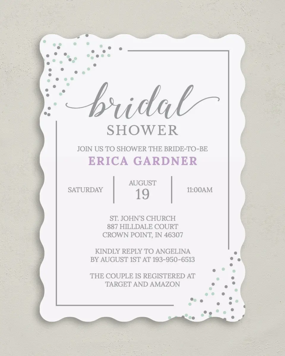 This is a 5" x 7" Bridal Shower Invitation called Lovely Sprinkles printed in full color with Silver foil on Premium Smooth paper