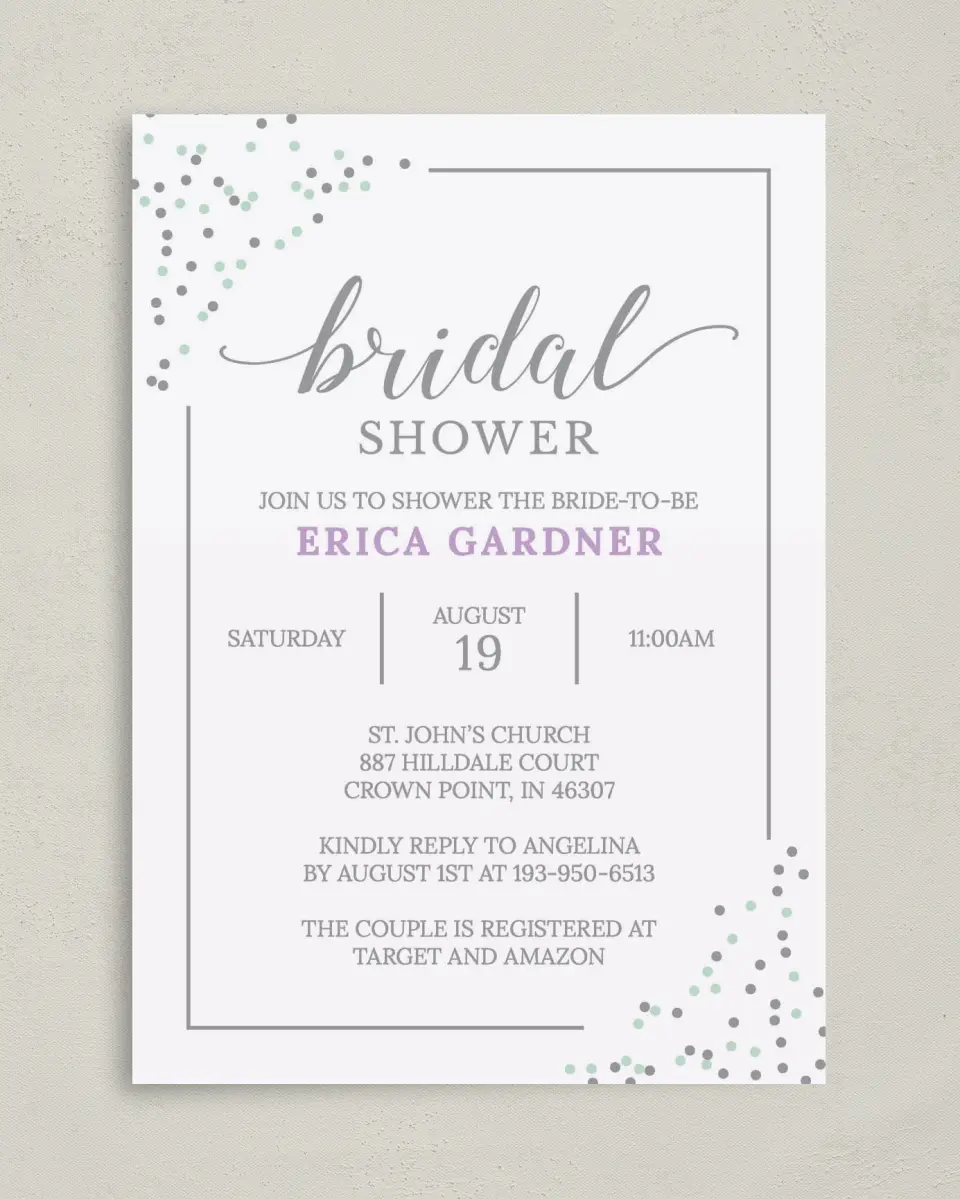 This is a 5" x 7" Bridal Shower Invitation called Lovely Sprinkles printed in full color with Silver foil on Premium Smooth paper