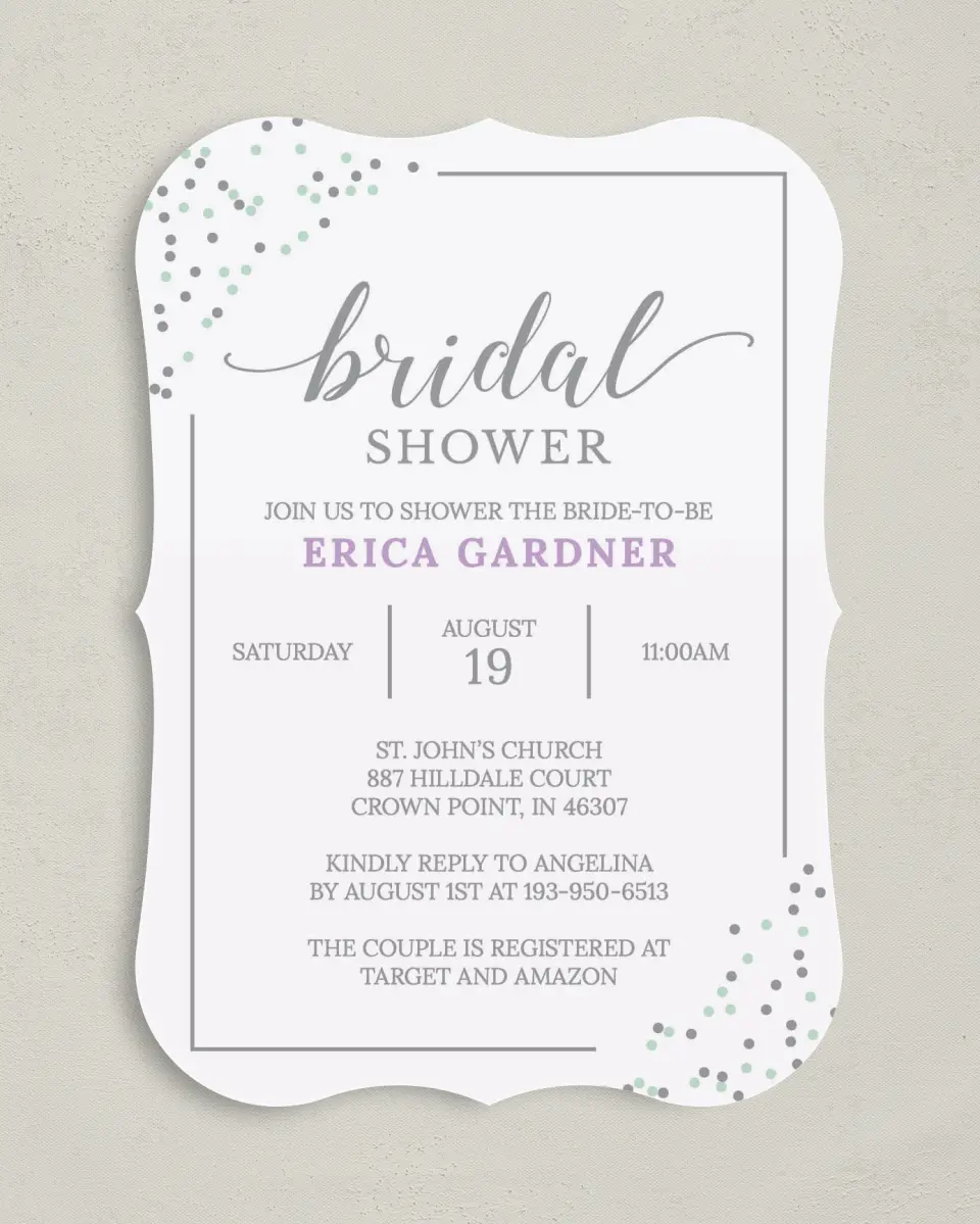 This is a 5" x 7" Bridal Shower Invitation called Lovely Sprinkles printed in full color with Rose Gold foil on Luxe Satin (coated) paper