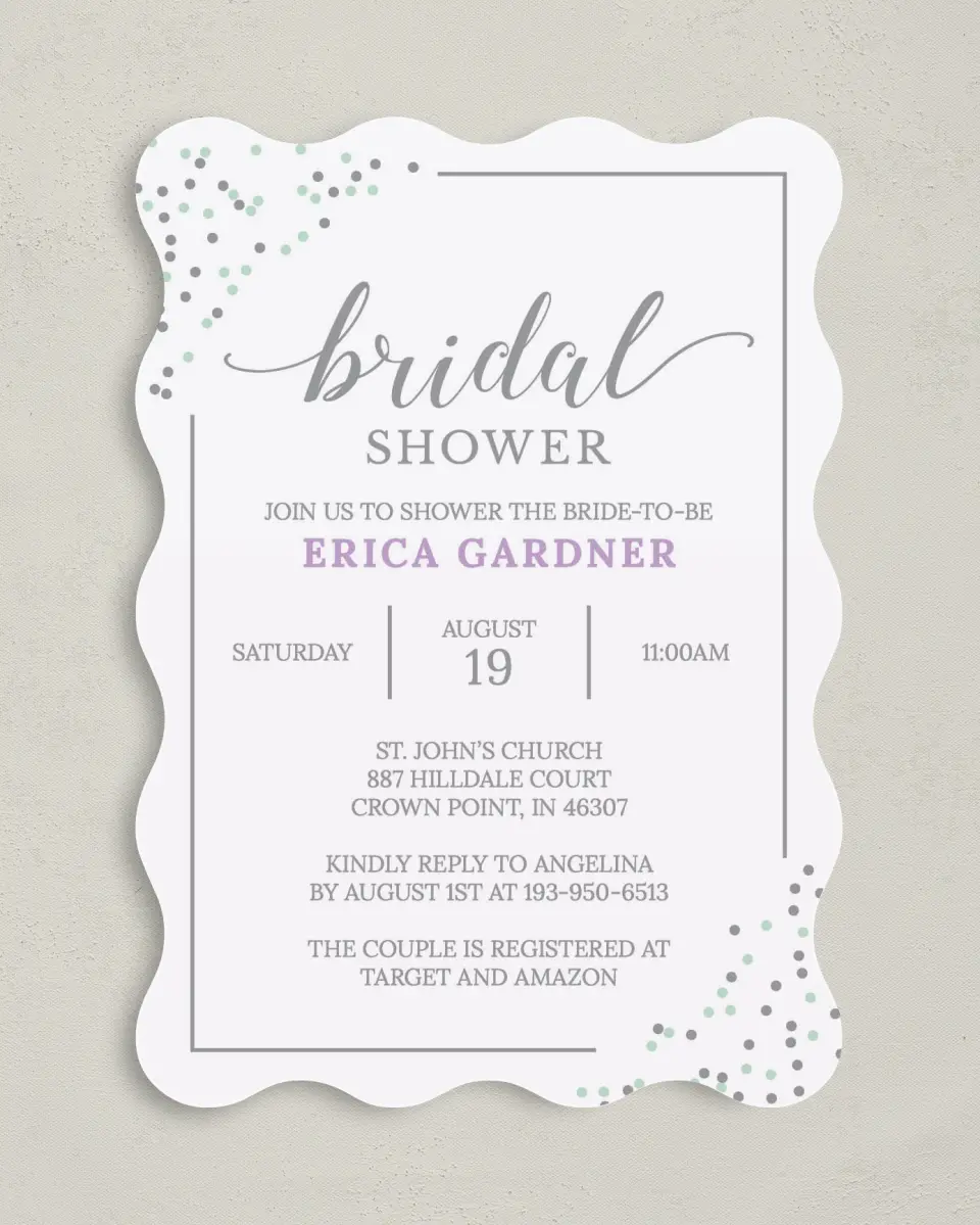 This is a 5" x 7" Bridal Shower Invitation called Lovely Sprinkles printed in full color with Silver foil on Premium Smooth paper