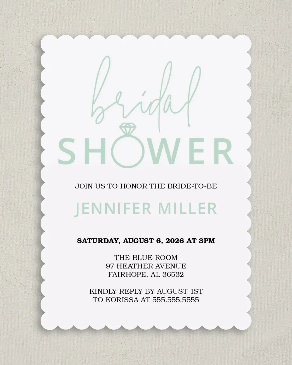 This is a 5" x 7" Bridal Shower Invitation called Ringing Joy printed in full color with Rose Gold foil on Luxe Satin (coated) paper