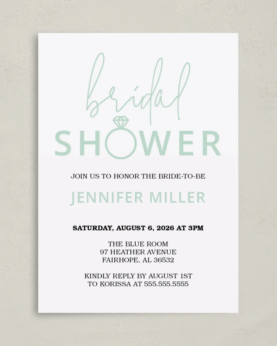 This is a 5" x 7" Bridal Shower Invitation called Ringing Joy printed in full color with Gold foil on Luxe Satin (coated) paper