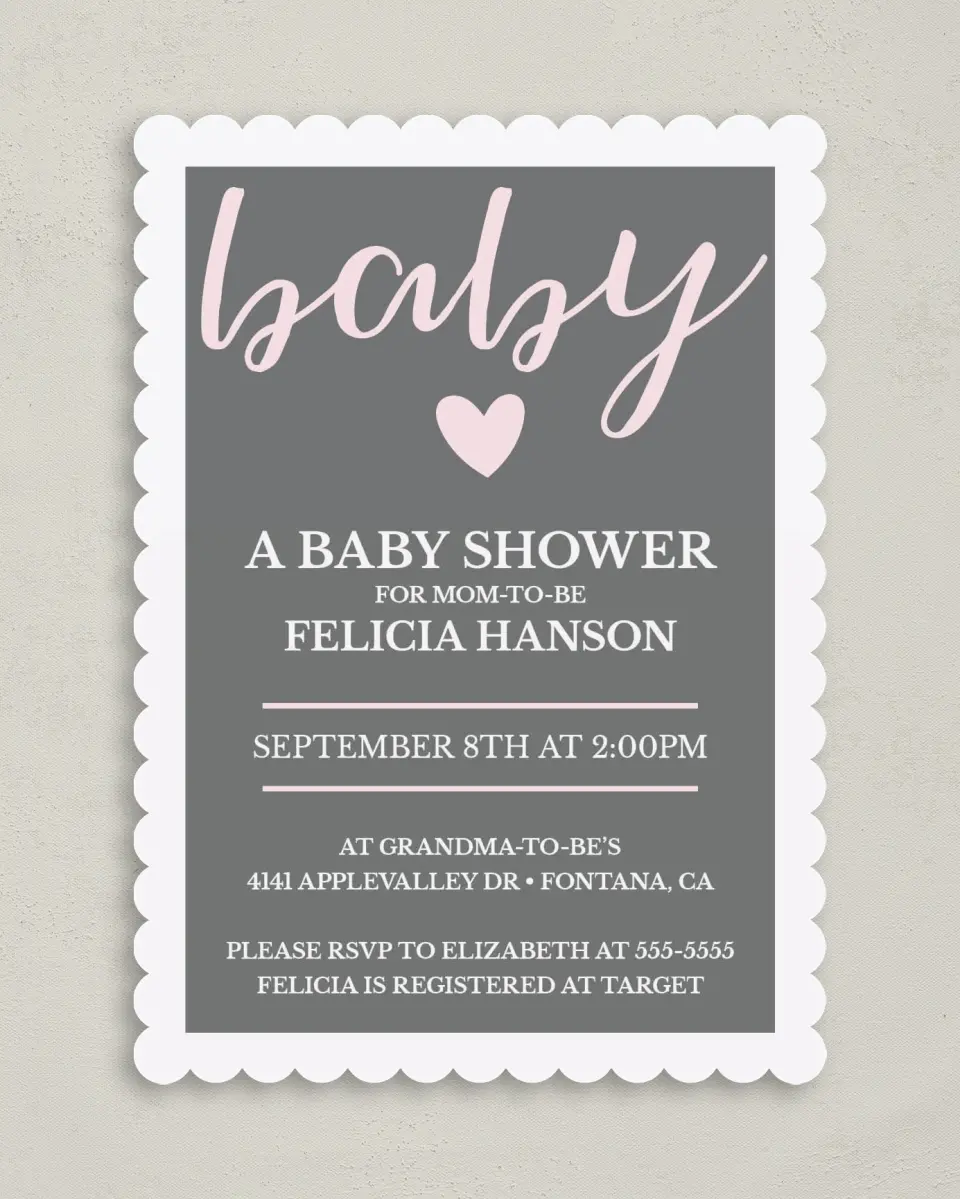 This is a 5" x 7" Baby Shower Invitation called Happy Hearts printed in full color on Premium Smooth paper
