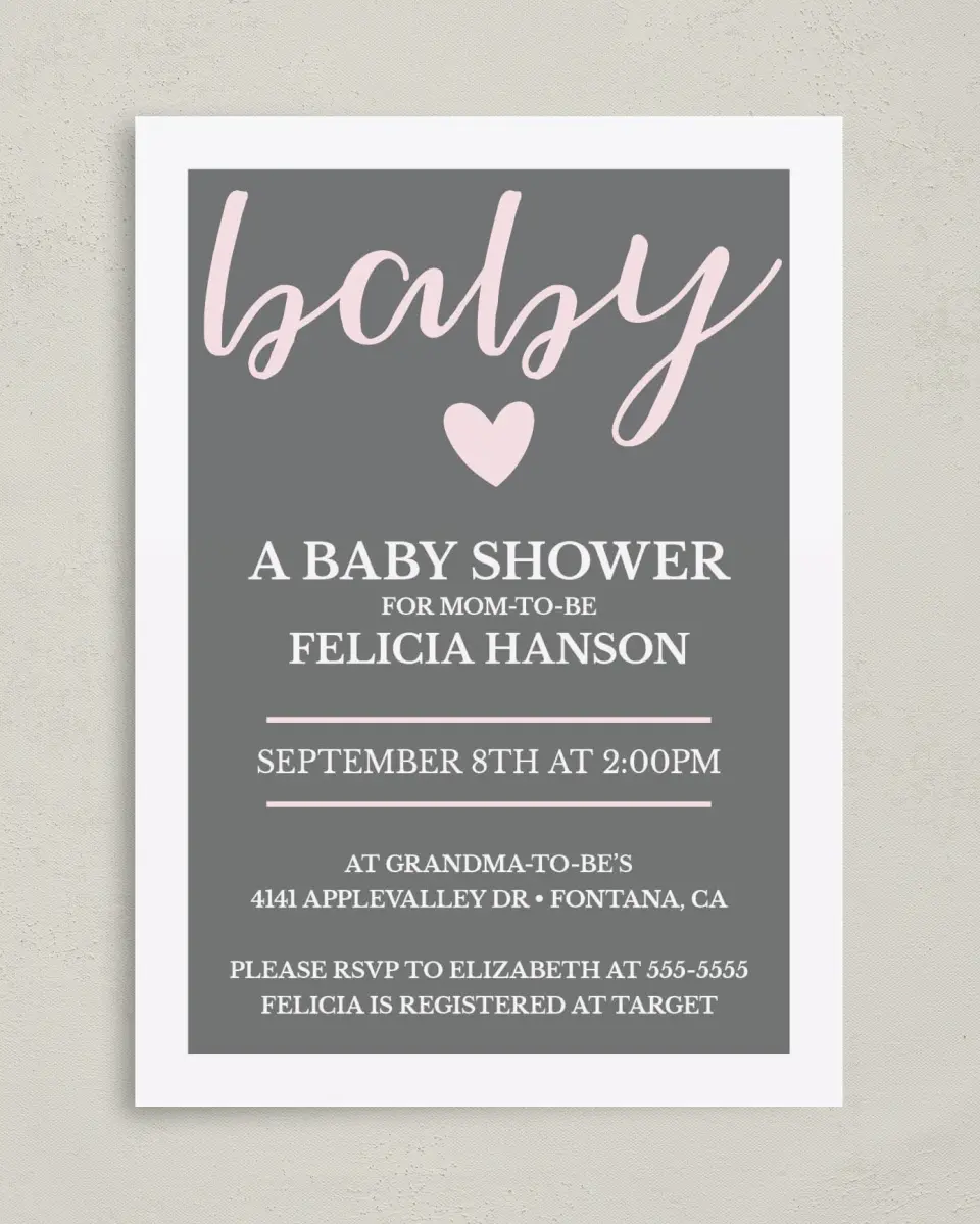 This is a 5" x 7" Baby Shower Invitation called Happy Hearts printed in full color on Premium Smooth paper