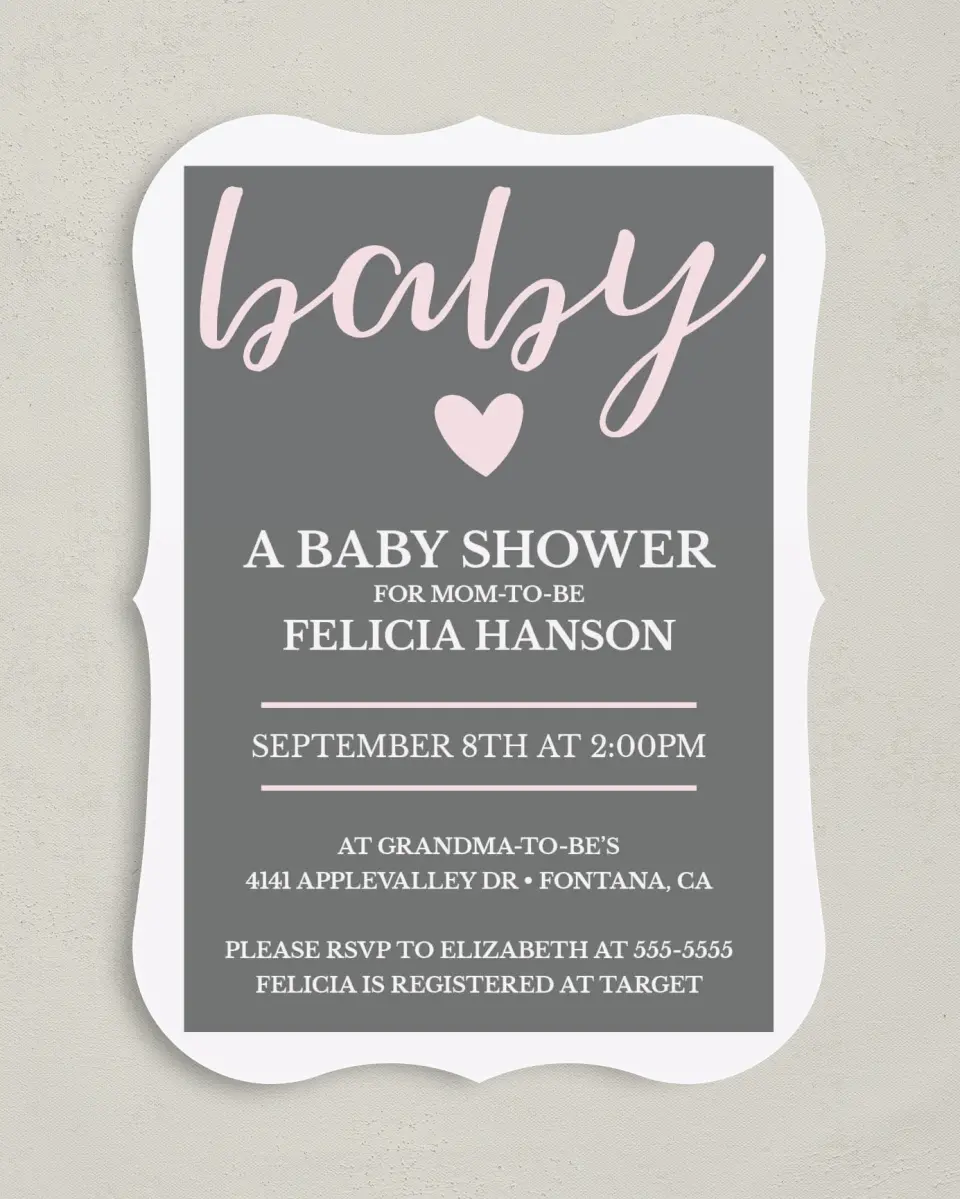 This is a 5" x 7" Baby Shower Invitation called Happy Hearts printed in full color on Premium Smooth paper