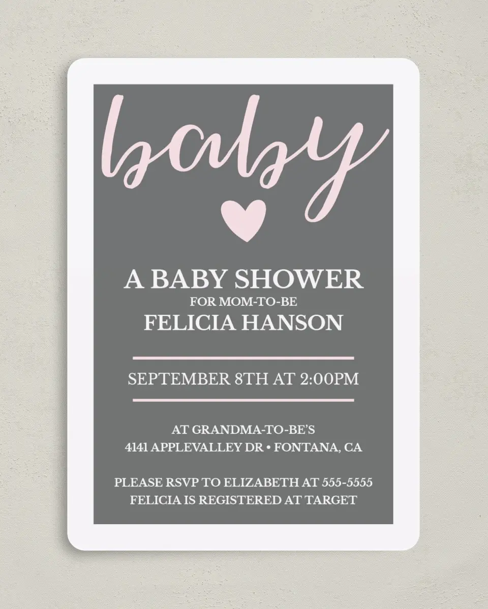 This is a 5" x 7" Baby Shower Invitation called Happy Hearts printed in full color on Premium Smooth paper