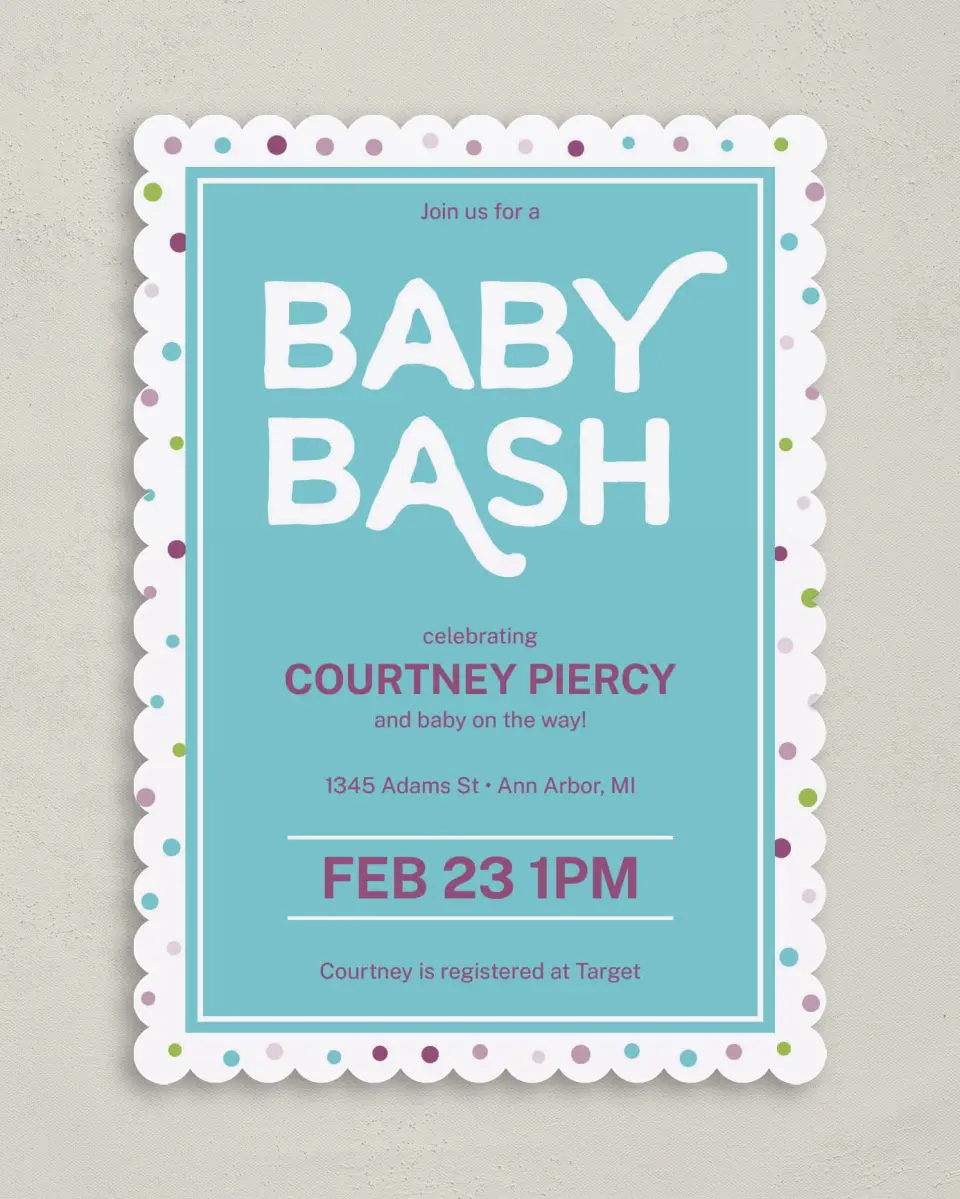 This is a 5" x 7" Baby Shower Invitation called It's A Bash printed in full color on Premium Smooth paper