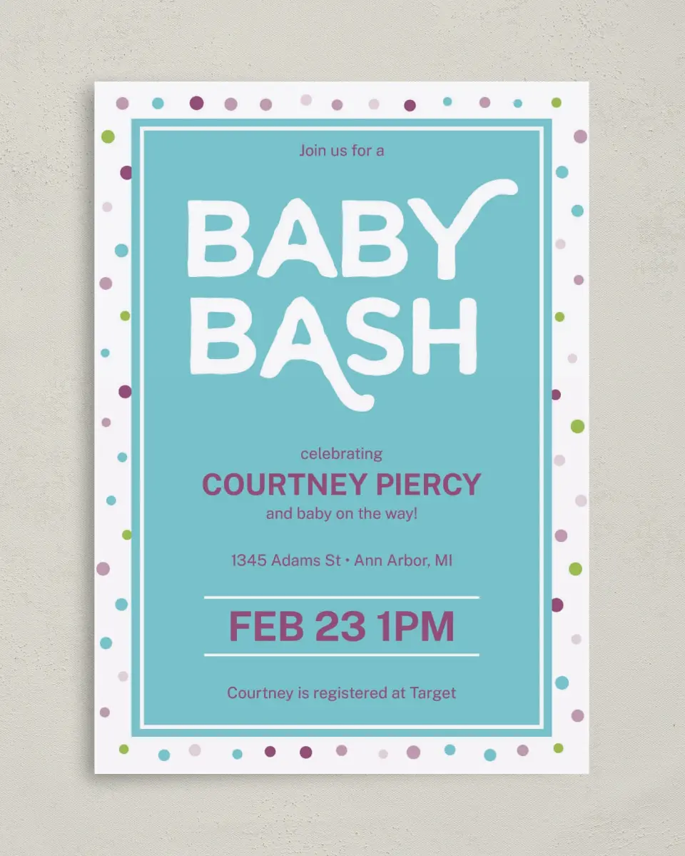 This is a 5" x 7" Baby Shower Invitation called It's A Bash printed in full color on Premium Smooth paper
