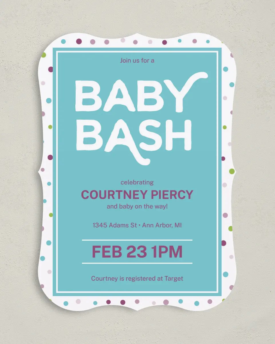 This is a 5" x 7" Baby Shower Invitation called It's A Bash printed in full color on Premium Smooth paper