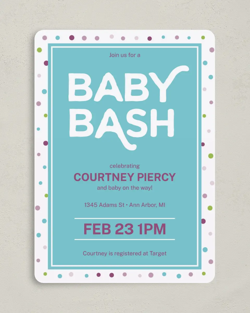This is a 5" x 7" Baby Shower Invitation called It's A Bash printed in full color on Premium Smooth paper
