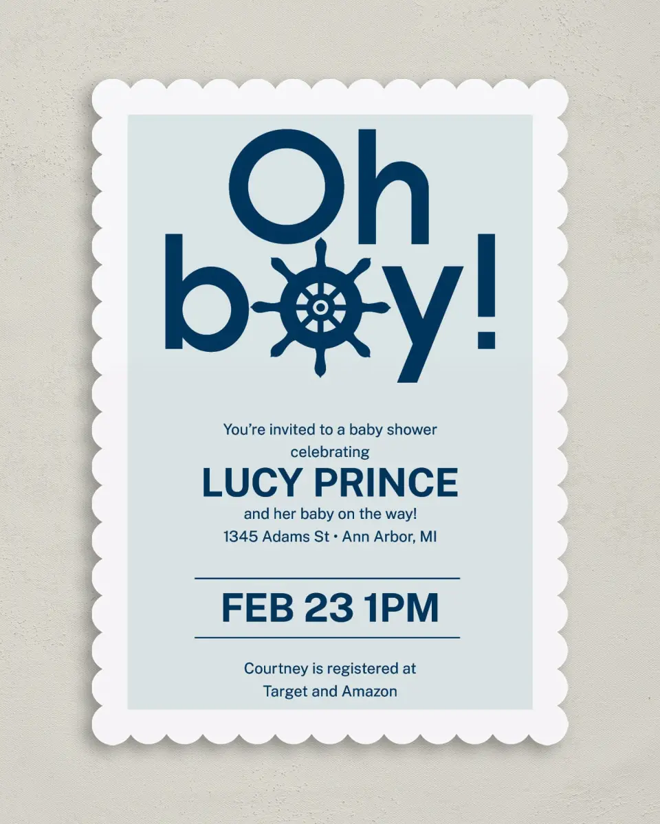 This is a 5" x 7" Baby Shower Invitation called Boy, Oh Boy printed in full color on Premium Smooth paper