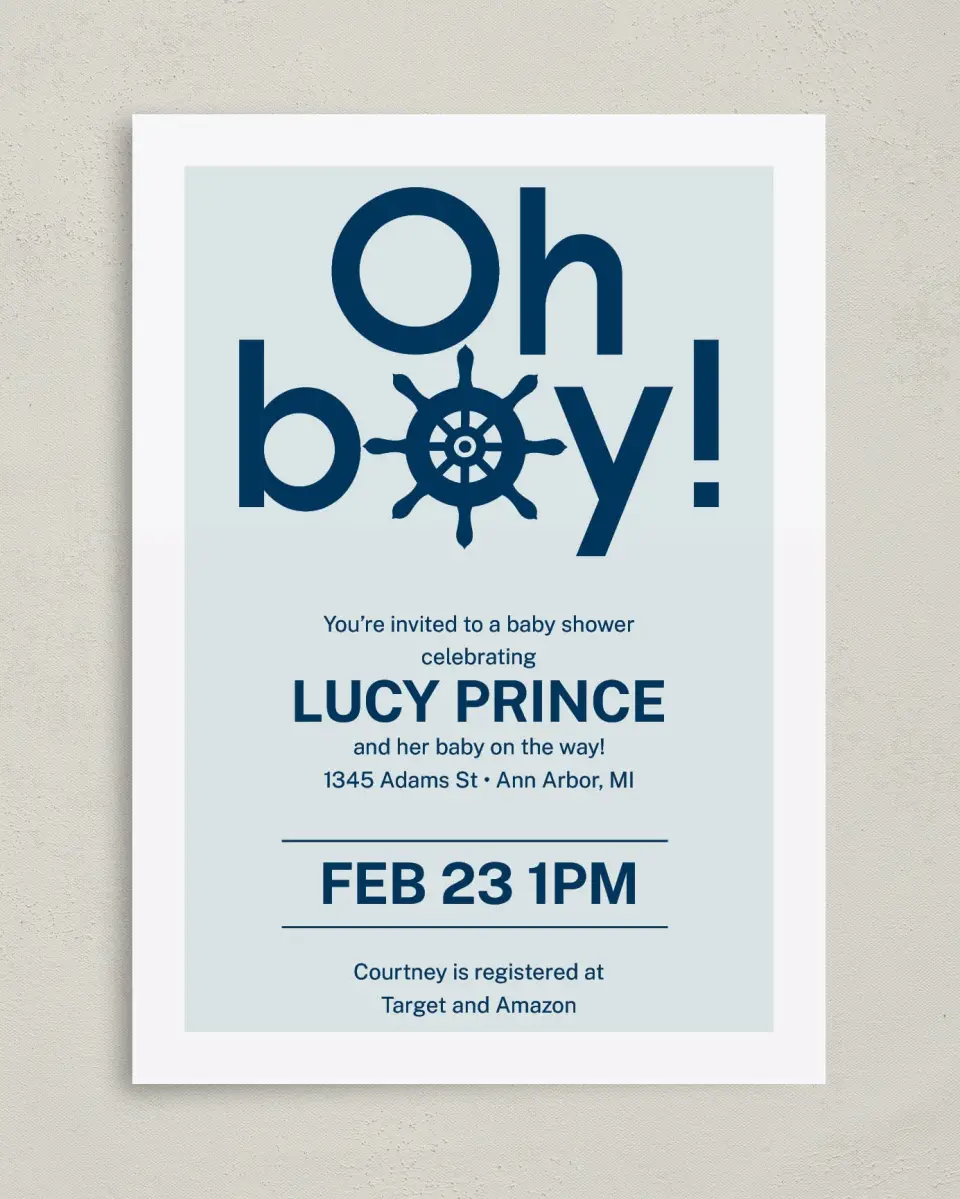 This is a 5" x 7" Baby Shower Invitation called Boy, Oh Boy printed in full color on Premium Smooth paper