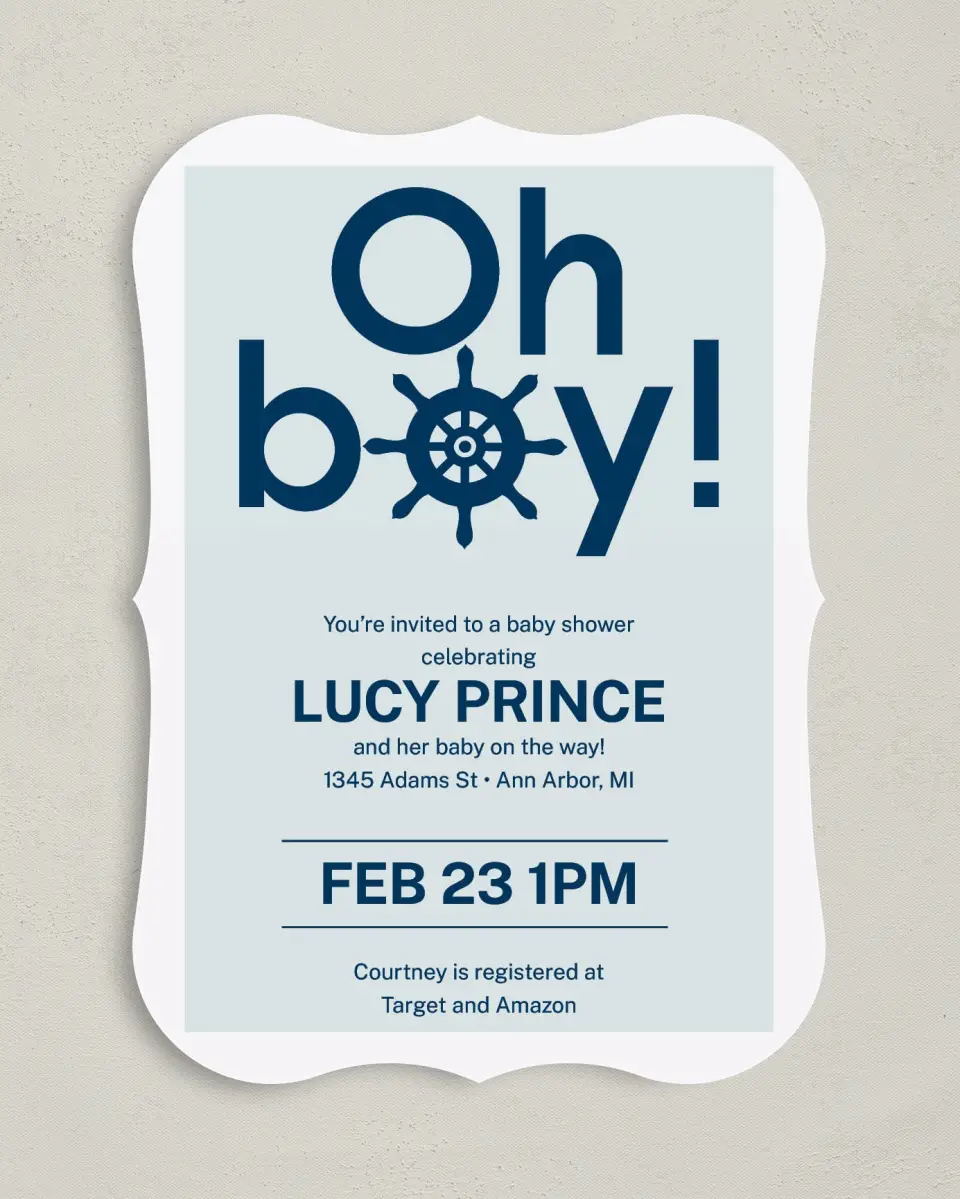 This is a 5" x 7" Baby Shower Invitation called Boy, Oh Boy printed in full color on Premium Smooth paper