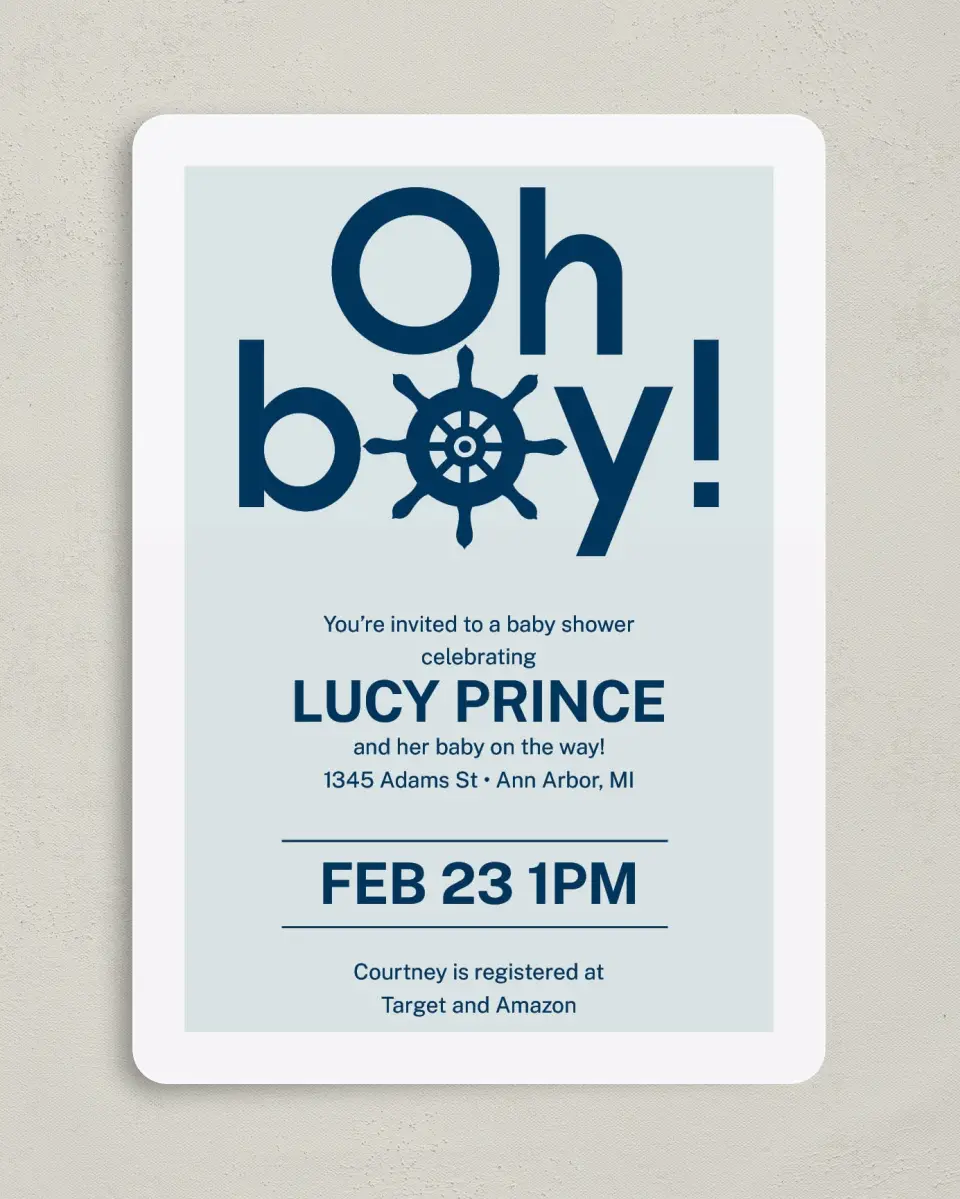 This is a 5" x 7" Baby Shower Invitation called Boy, Oh Boy printed in full color on Premium Smooth paper