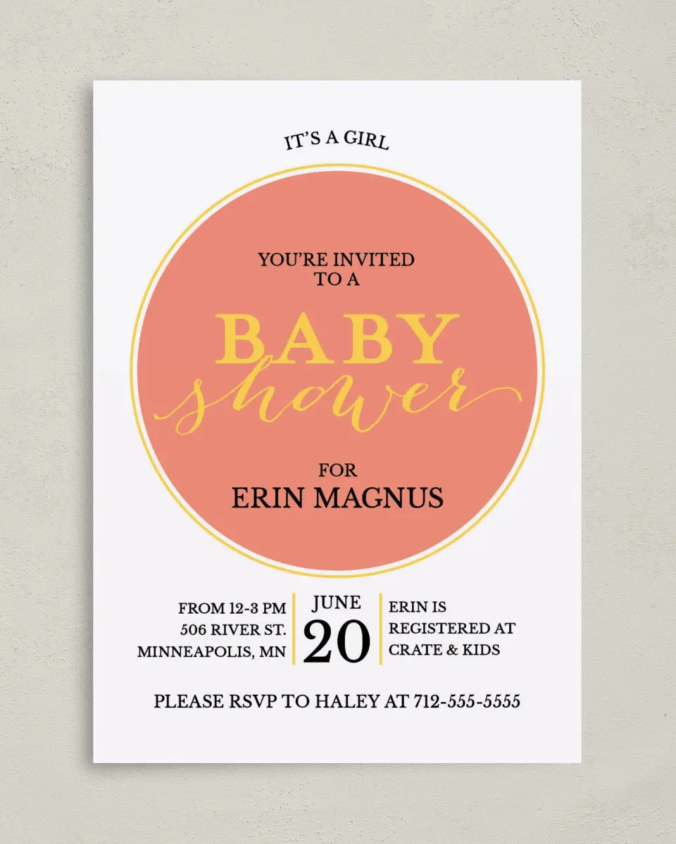 This is a 5" x 7" Baby Shower Invitation called Delightful News printed in full color on Premium Smooth paper