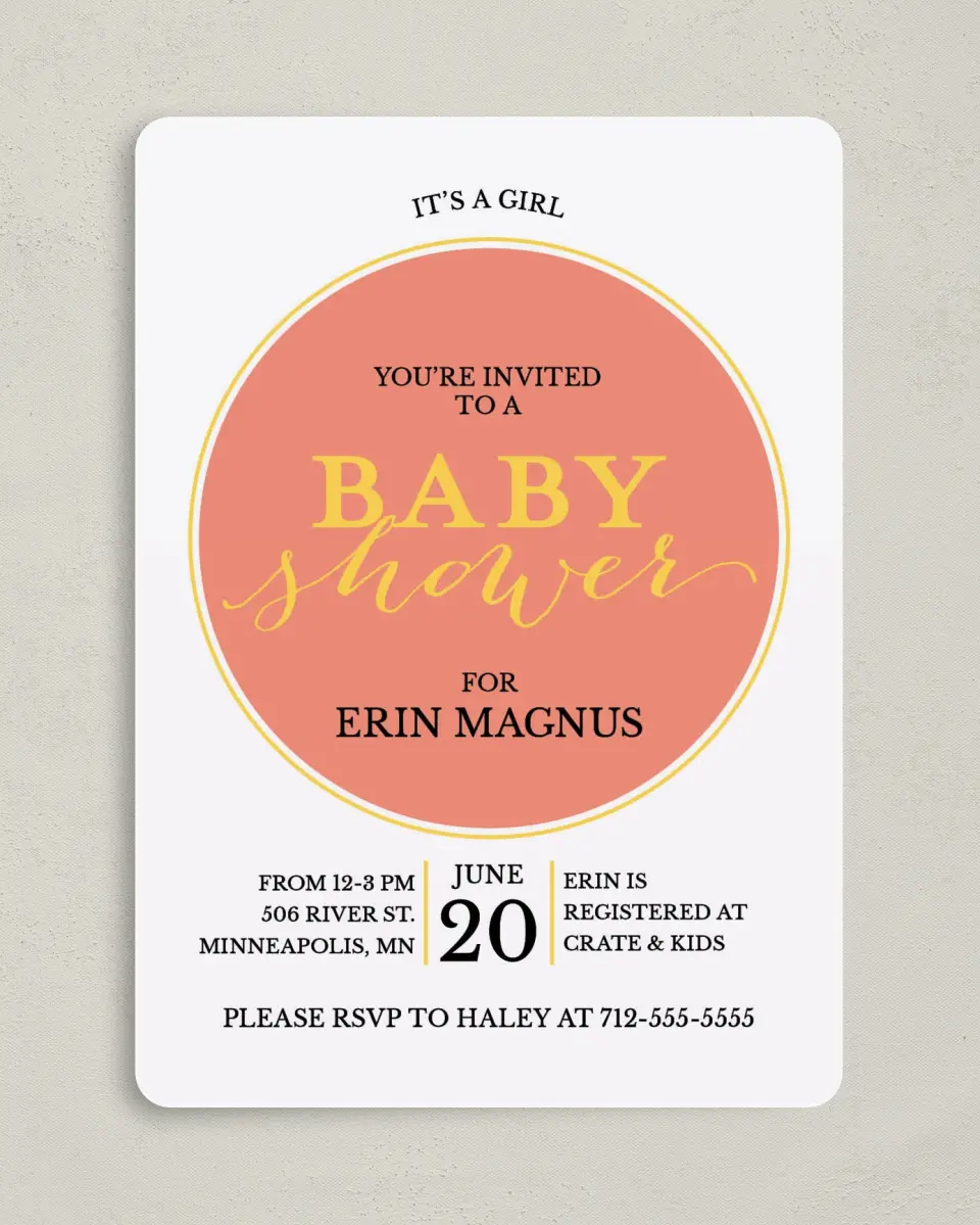 This is a 5" x 7" Baby Shower Invitation called Delightful News printed in full color on Premium Smooth paper