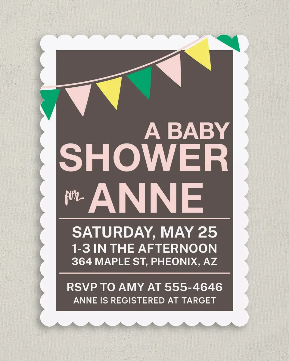 This is a 5" x 7" Baby Shower Invitation called Breezy Bunting printed in full color on Premium Smooth paper