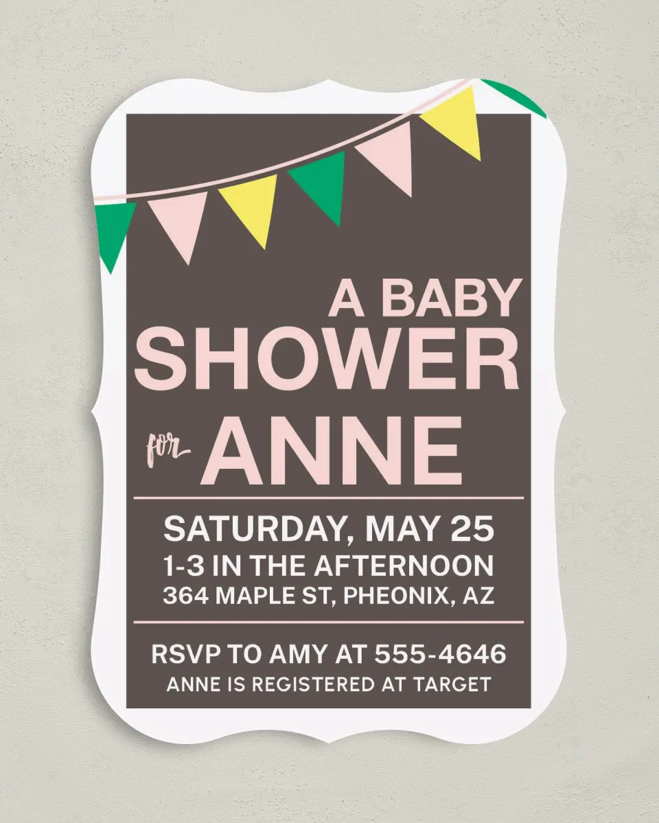 This is a 5" x 7" Baby Shower Invitation called Breezy Bunting printed in full color on Premium Smooth paper