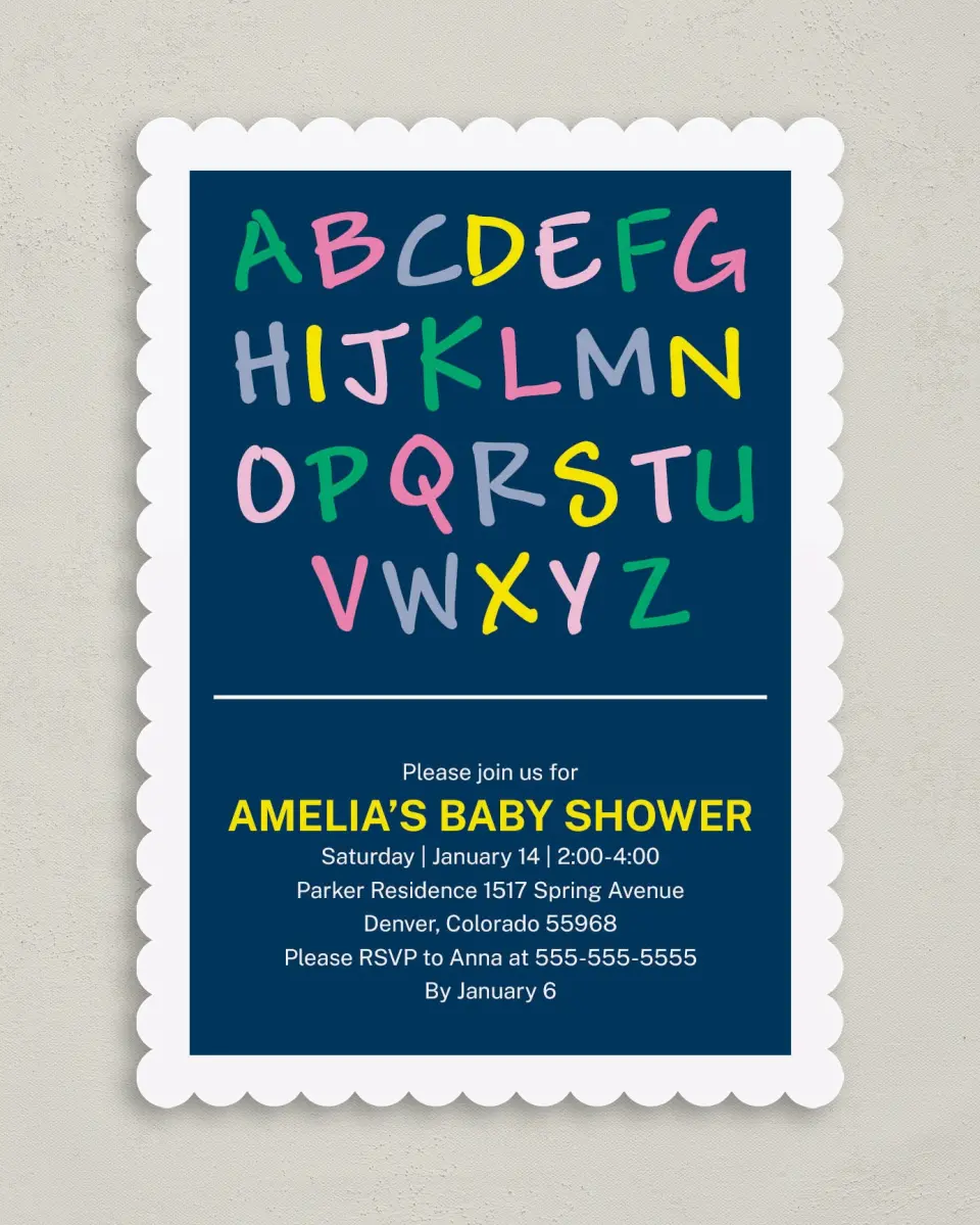 This is a 5" x 7" Baby Shower Invitation called ABC Confetti printed in full color on Premium Smooth paper