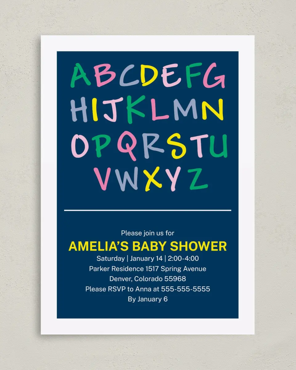 This is a 5" x 7" Baby Shower Invitation called ABC Confetti printed in full color on Premium Smooth paper