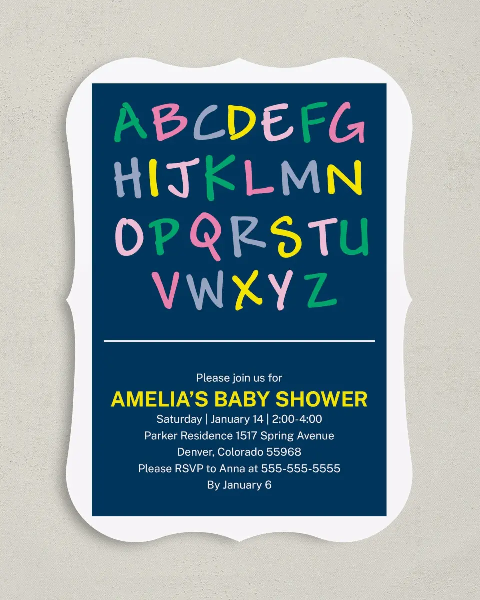 This is a 5" x 7" Baby Shower Invitation called ABC Confetti printed in full color on Premium Smooth paper
