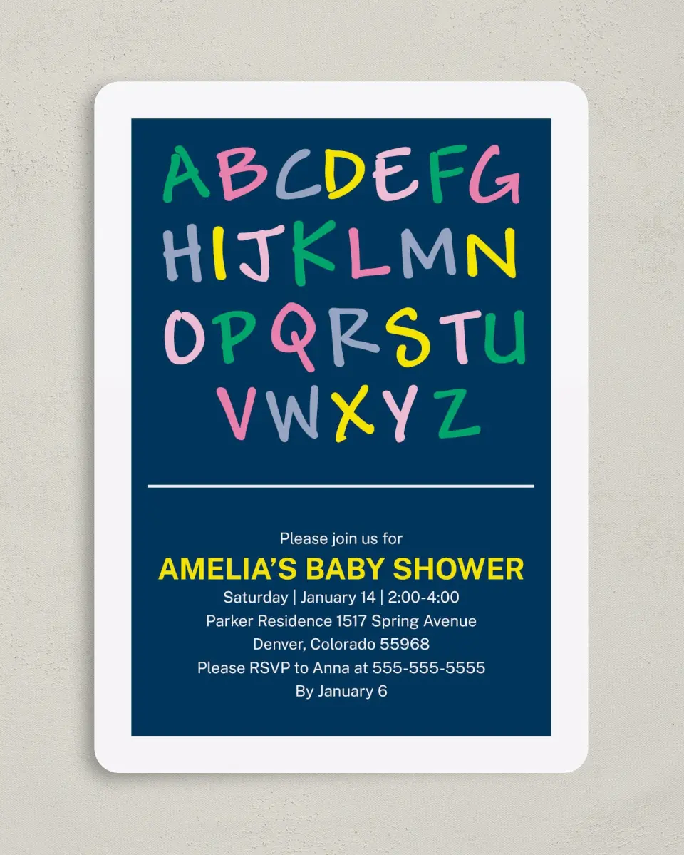 This is a 5" x 7" Baby Shower Invitation called ABC Confetti printed in full color on Premium Smooth paper