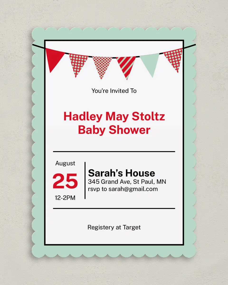 This is a 5" x 7" Baby Shower Invitation called Banner Baby printed in full color on Premium Smooth paper