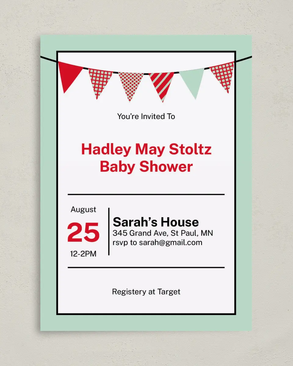 This is a 5" x 7" Baby Shower Invitation called Banner Baby printed in full color on Premium Smooth paper