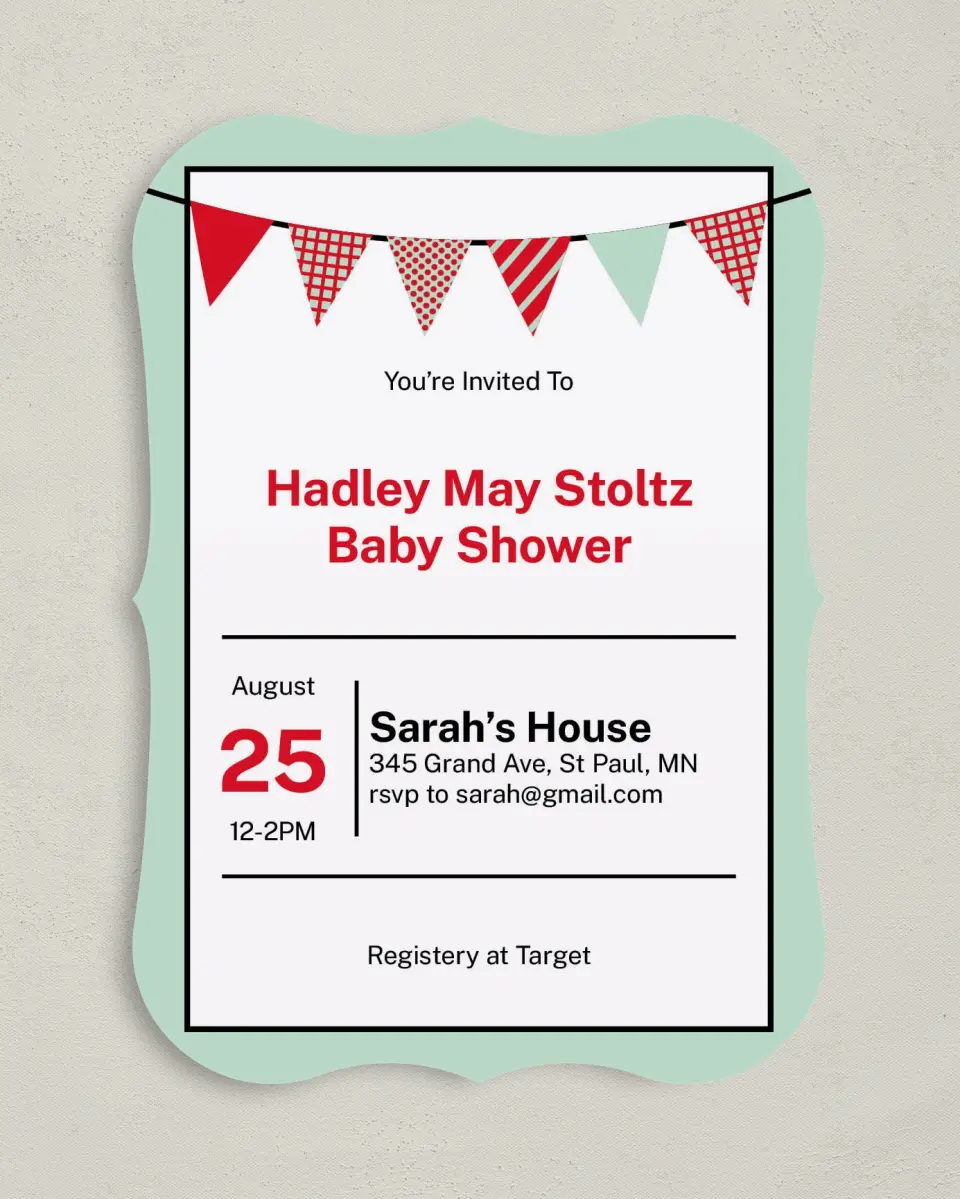 This is a 5" x 7" Baby Shower Invitation called Banner Baby printed in full color on Premium Smooth paper