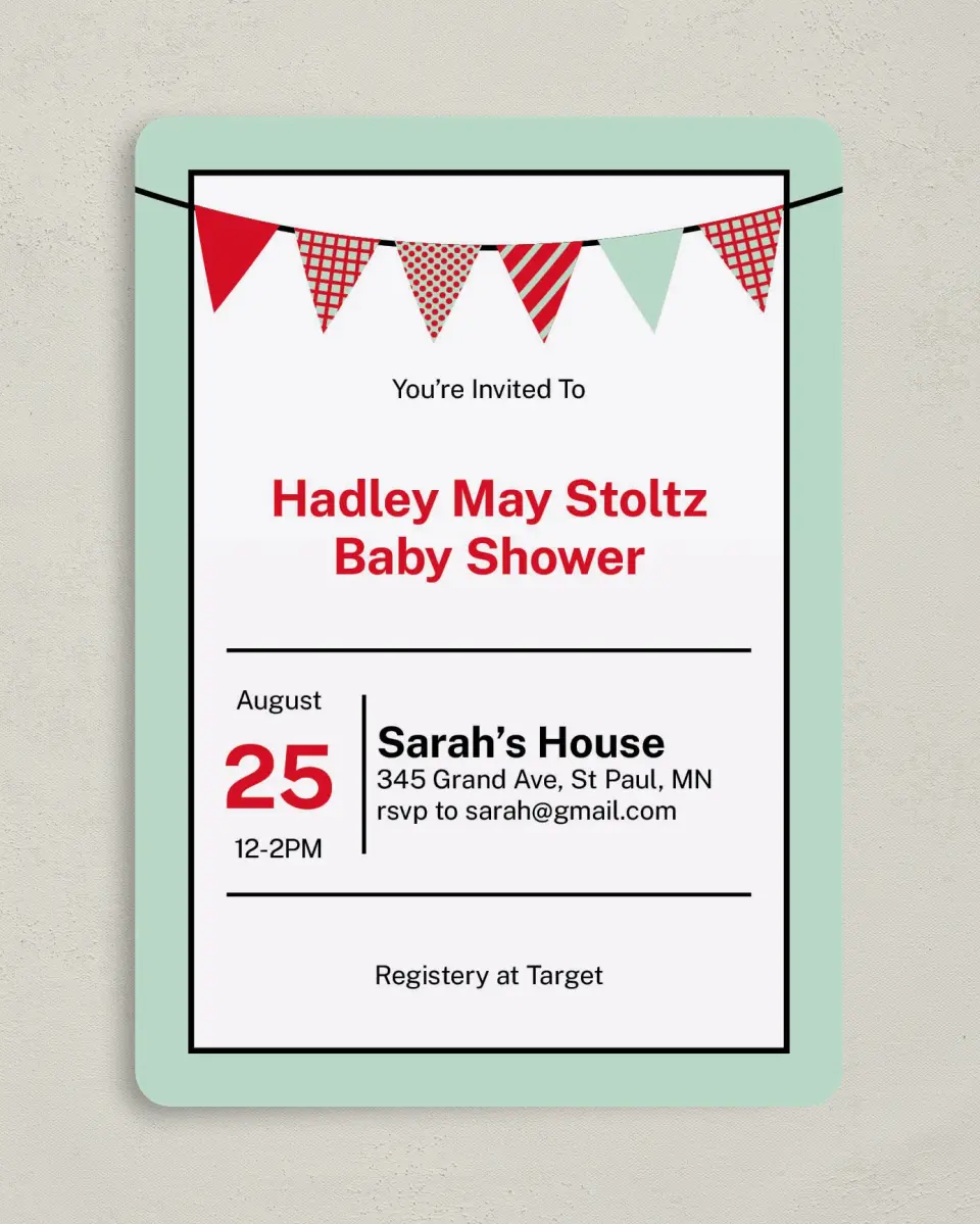 This is a 5" x 7" Baby Shower Invitation called Banner Baby printed in full color on Premium Smooth paper