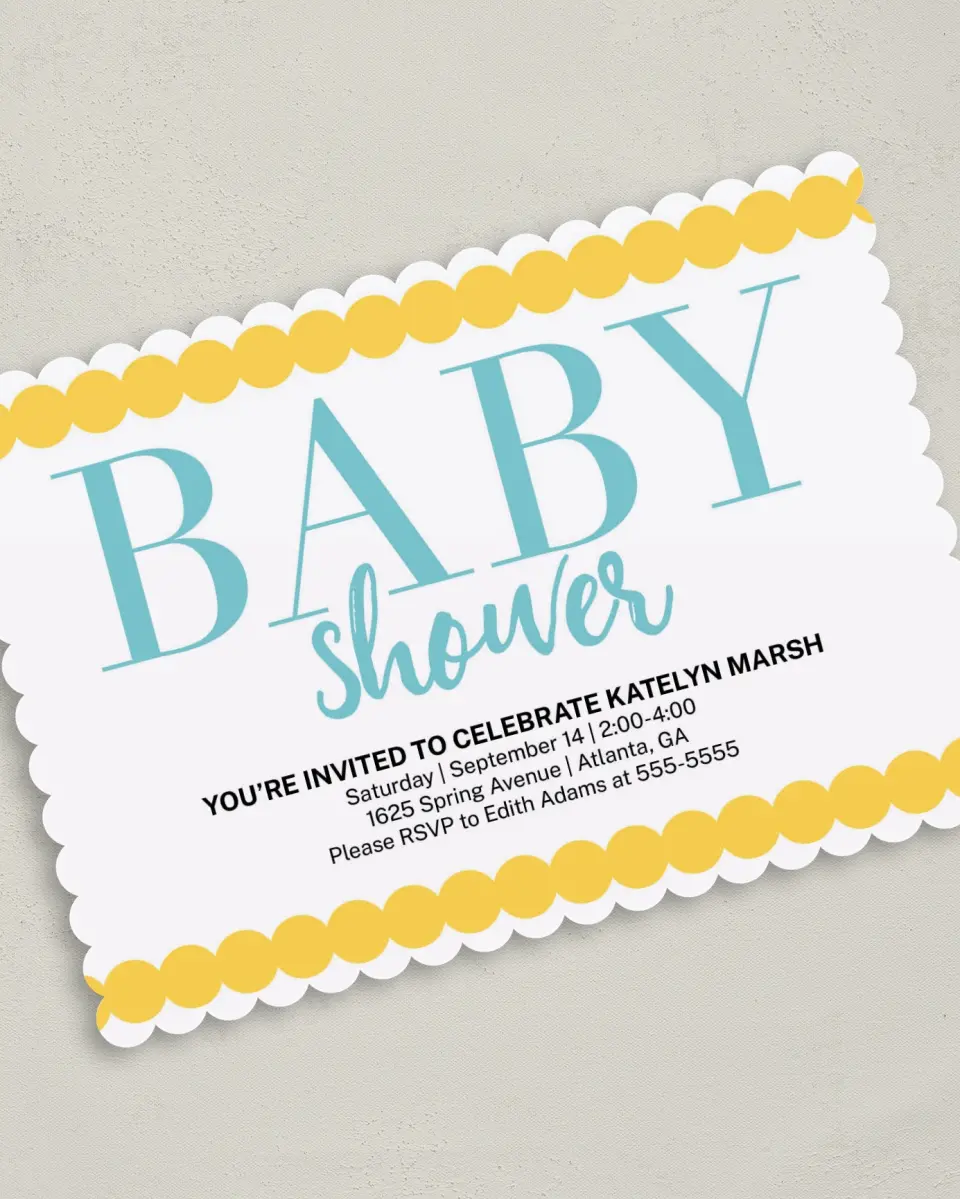 This is a 5" x 7" Baby Shower Invitation called Petite Scallops printed in full color on Premium Smooth paper