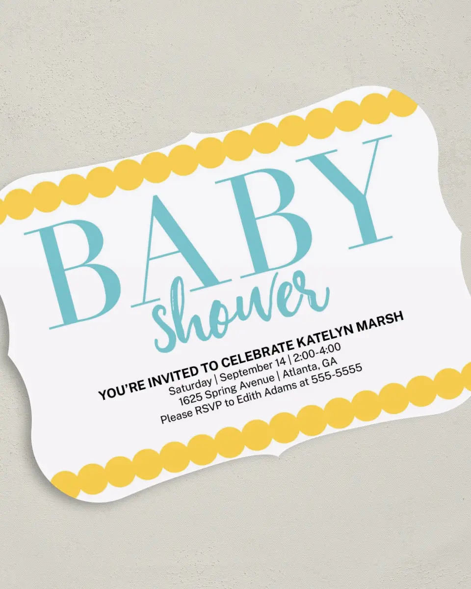 This is a 5" x 7" Baby Shower Invitation called Petite Scallops printed in full color on Premium Smooth paper