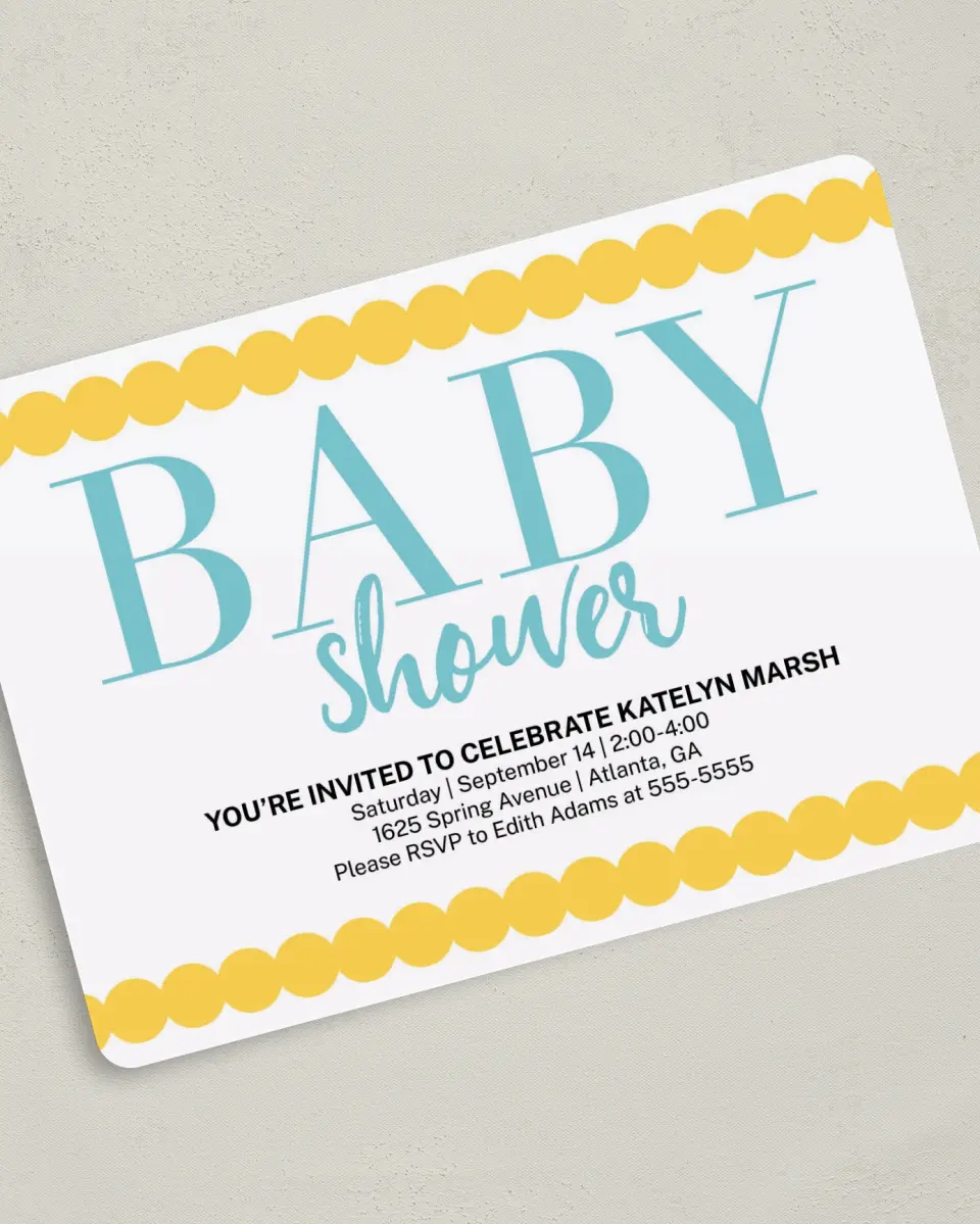 This is a 5" x 7" Baby Shower Invitation called Petite Scallops printed in full color on Premium Smooth paper