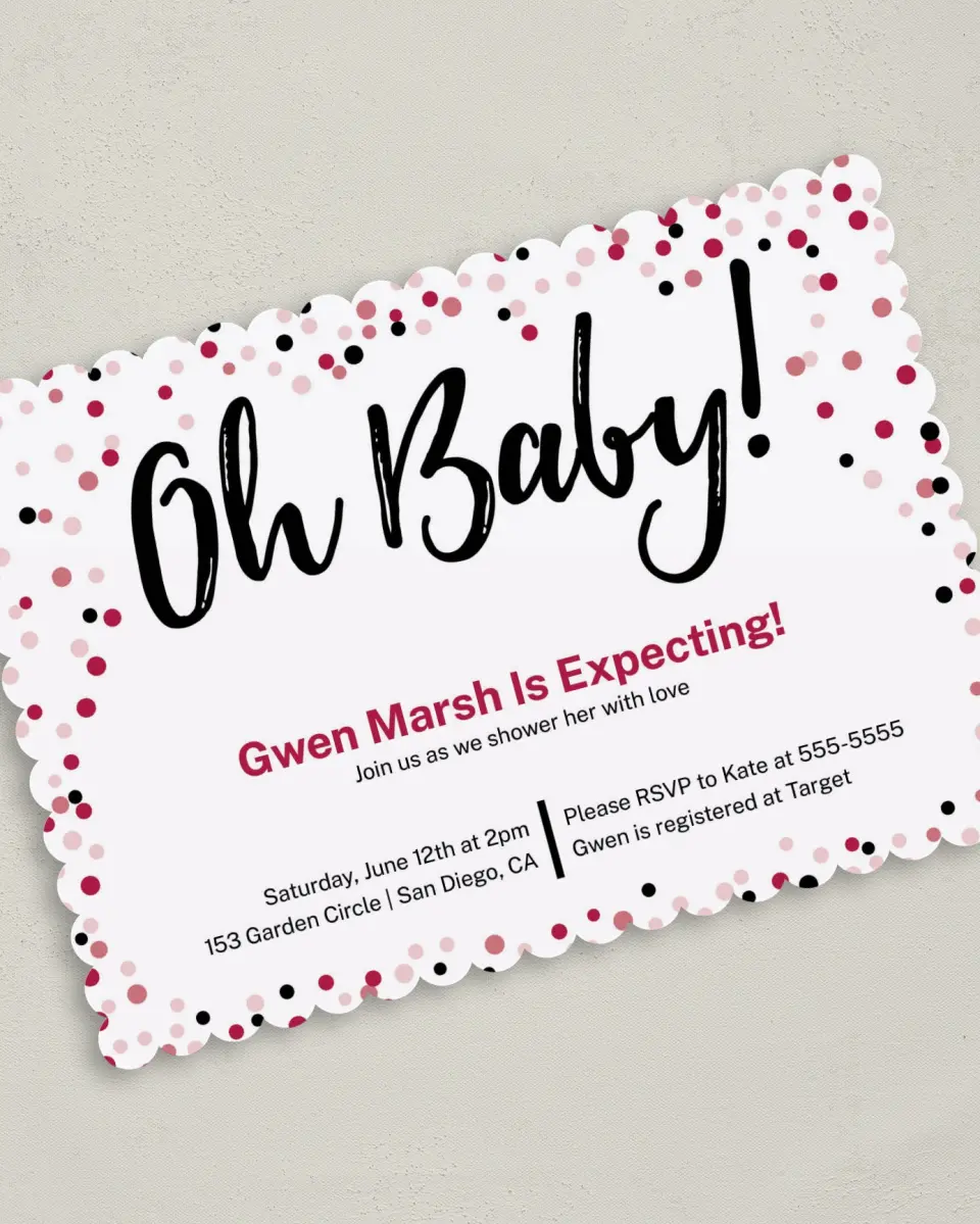 This is a 5" x 7" Baby Shower Invitation called Confetti Border printed in full color with Rose Gold foil on Premium Smooth paper