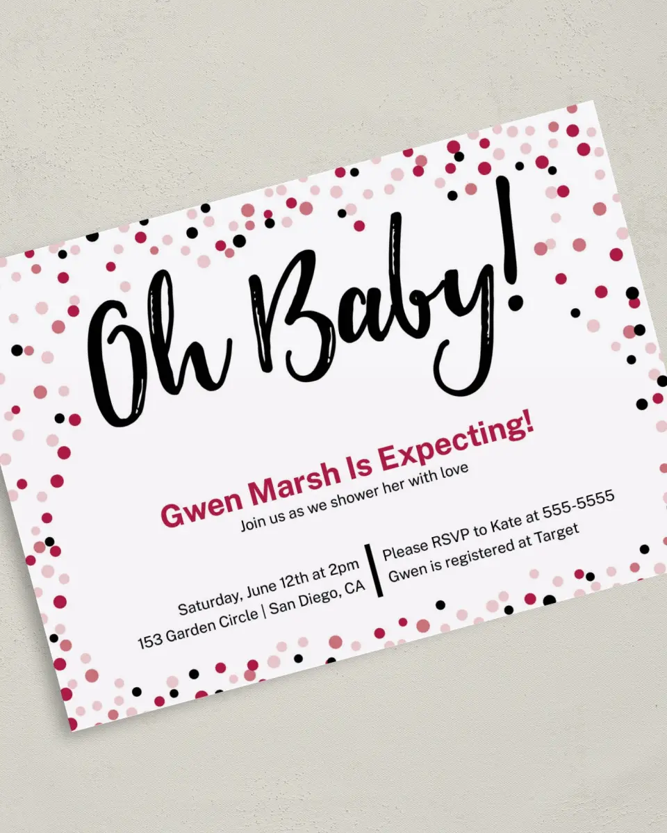 This is a 5" x 7" Baby Shower Invitation called Confetti Border printed in full color with Rose Gold foil on Premium Smooth paper