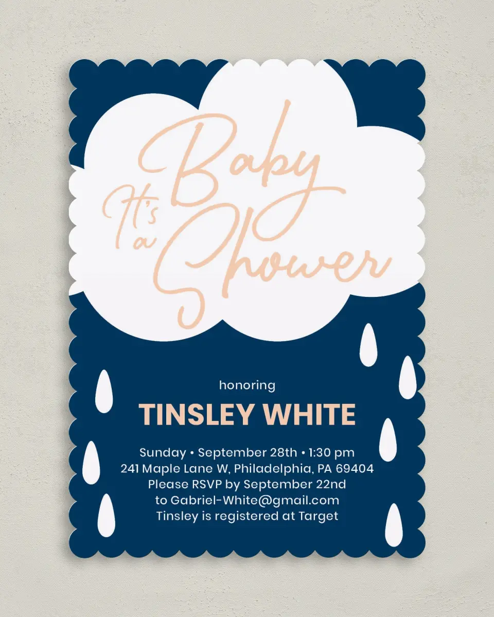 This is a 5" x 7" Baby Shower Invitation called Raining Joy printed in full color on Premium Smooth paper