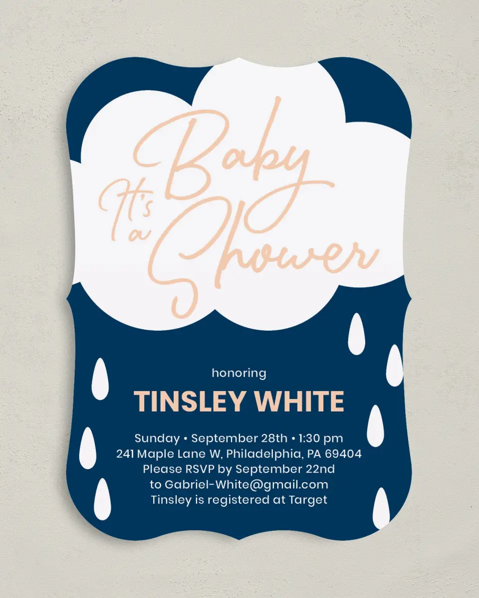 This is a 5" x 7" Baby Shower Invitation called Raining Joy printed in full color on Premium Smooth paper