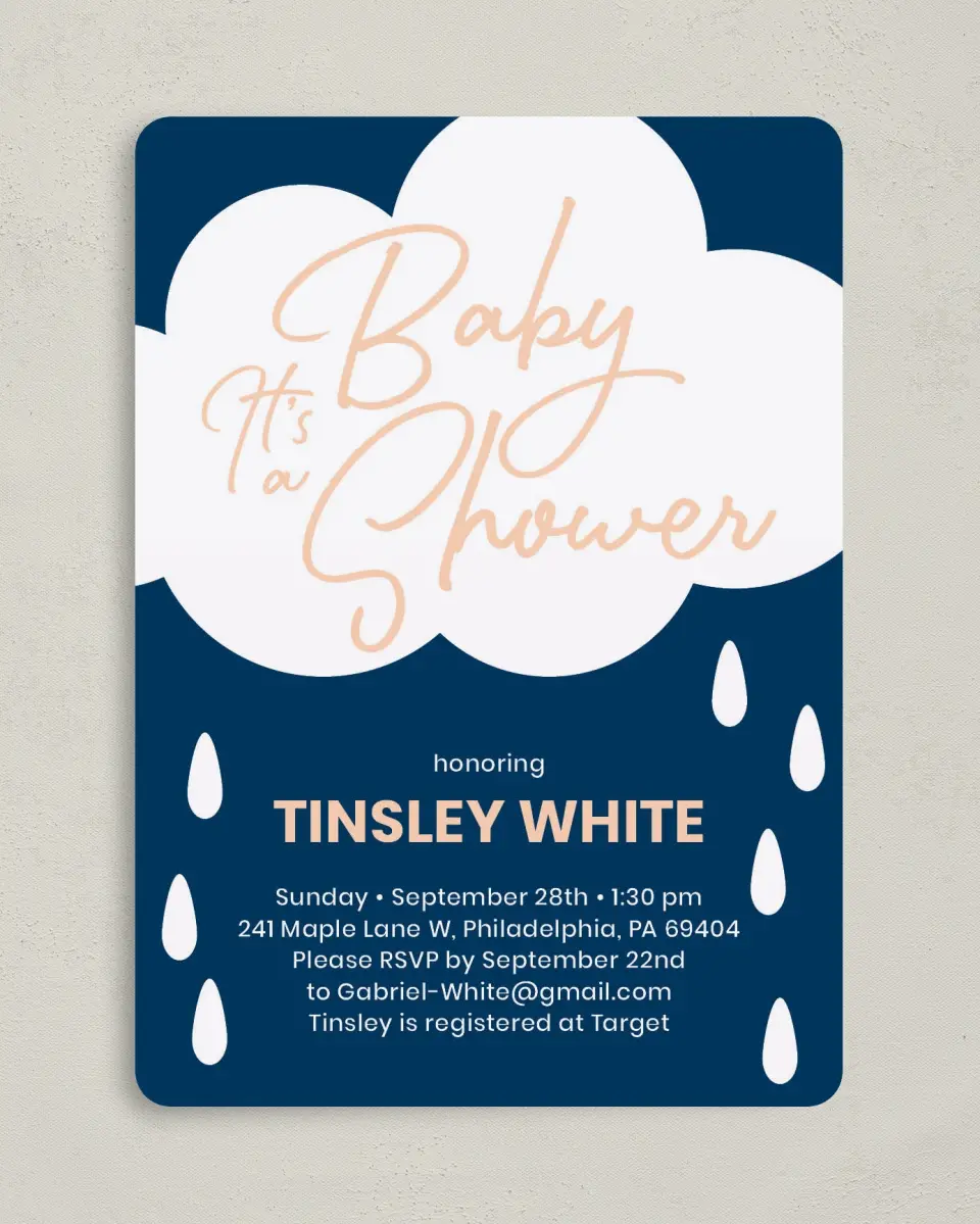 This is a 5" x 7" Baby Shower Invitation called Raining Joy printed in full color on Premium Smooth paper