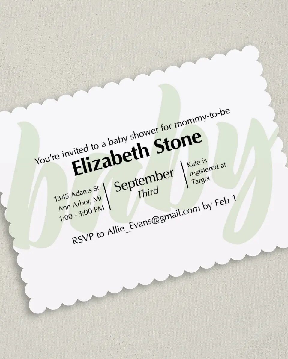 This is a 5" x 7" Baby Shower Invitation called Lovely Dots printed in full color with Gold foil on Premium Smooth paper