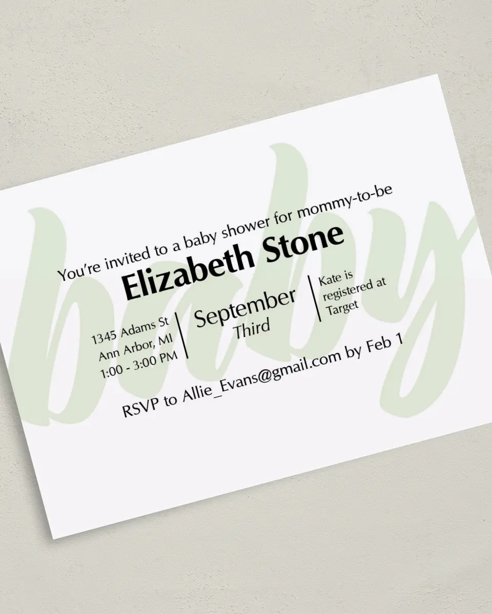 This is a 5" x 7" Baby Shower Invitation called Lovely Dots printed in full color with Gold foil on Premium Smooth paper