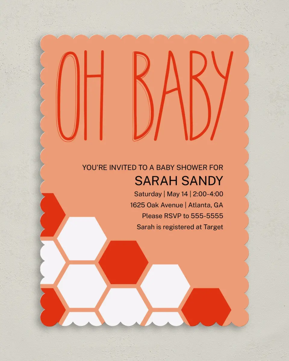 This is a 5" x 7" Baby Shower Invitation called Sweet Honeycomb printed in full color on Premium Smooth paper