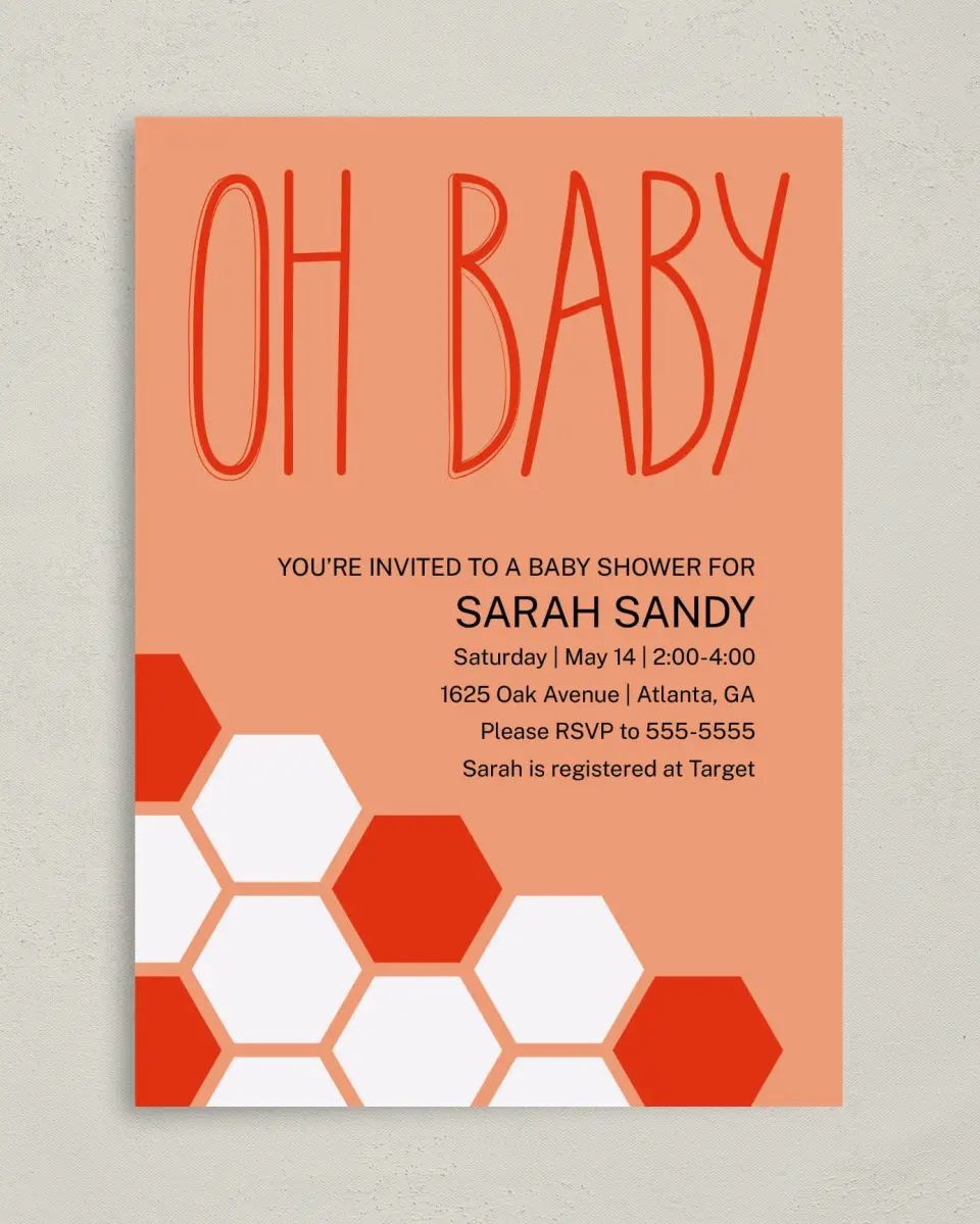 This is a 5" x 7" Baby Shower Invitation called Sweet Honeycomb printed in full color on Premium Smooth paper