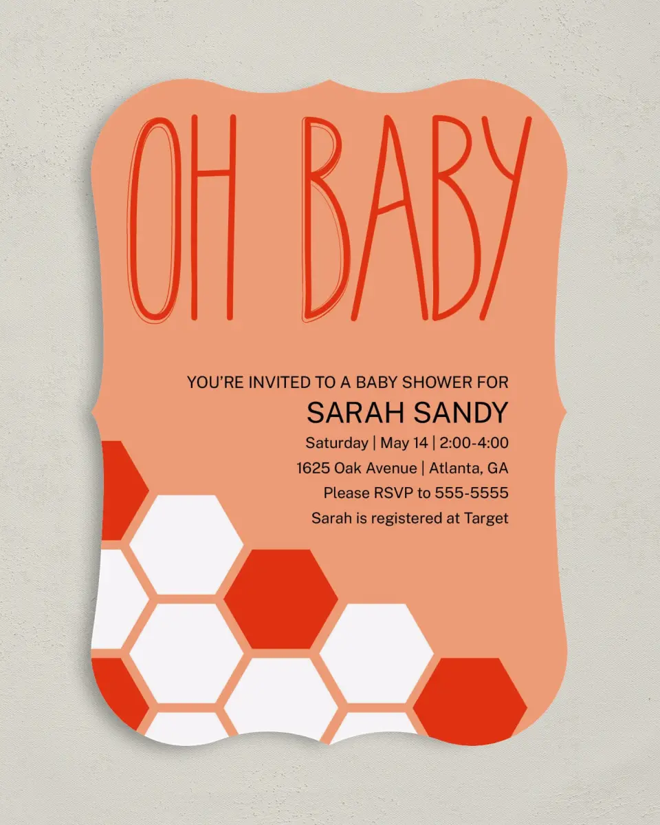 This is a 5" x 7" Baby Shower Invitation called Sweet Honeycomb printed in full color on Premium Smooth paper