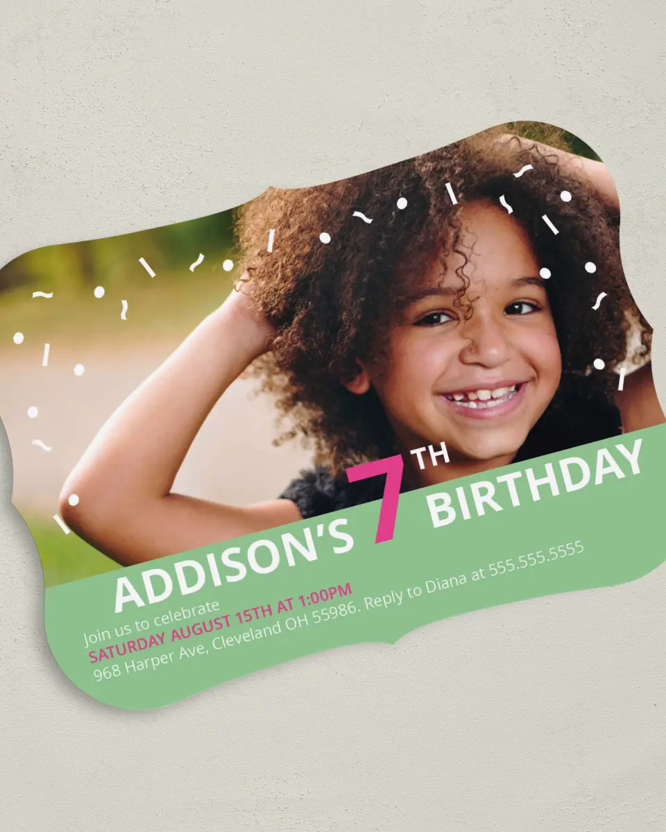 This is a 5" x 7" Birthday Party Invitation called Party Sprinkles printed in full color with Gold foil on Luxe Satin (coated) paper