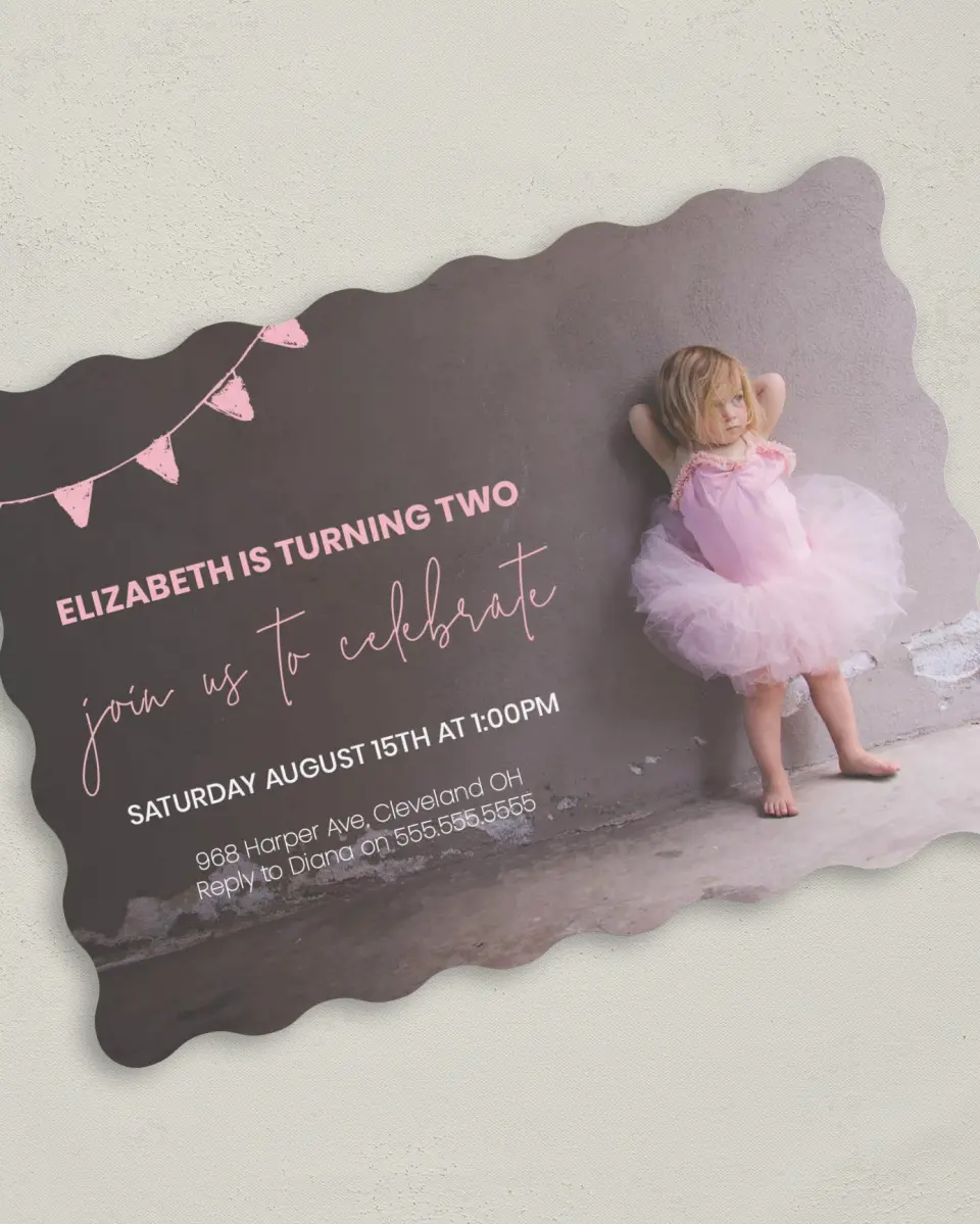 This is a 5" x 7" Birthday Party Invitation called Banner Beauty printed in full color on Premium Smooth paper