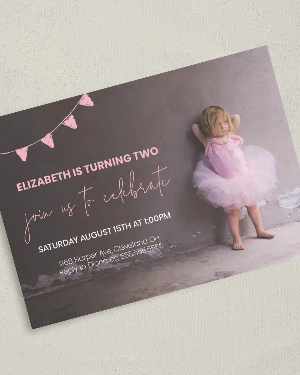 This is a 5" x 7" Birthday Party Invitation called Banner Beauty printed in full color on Premium Smooth paper