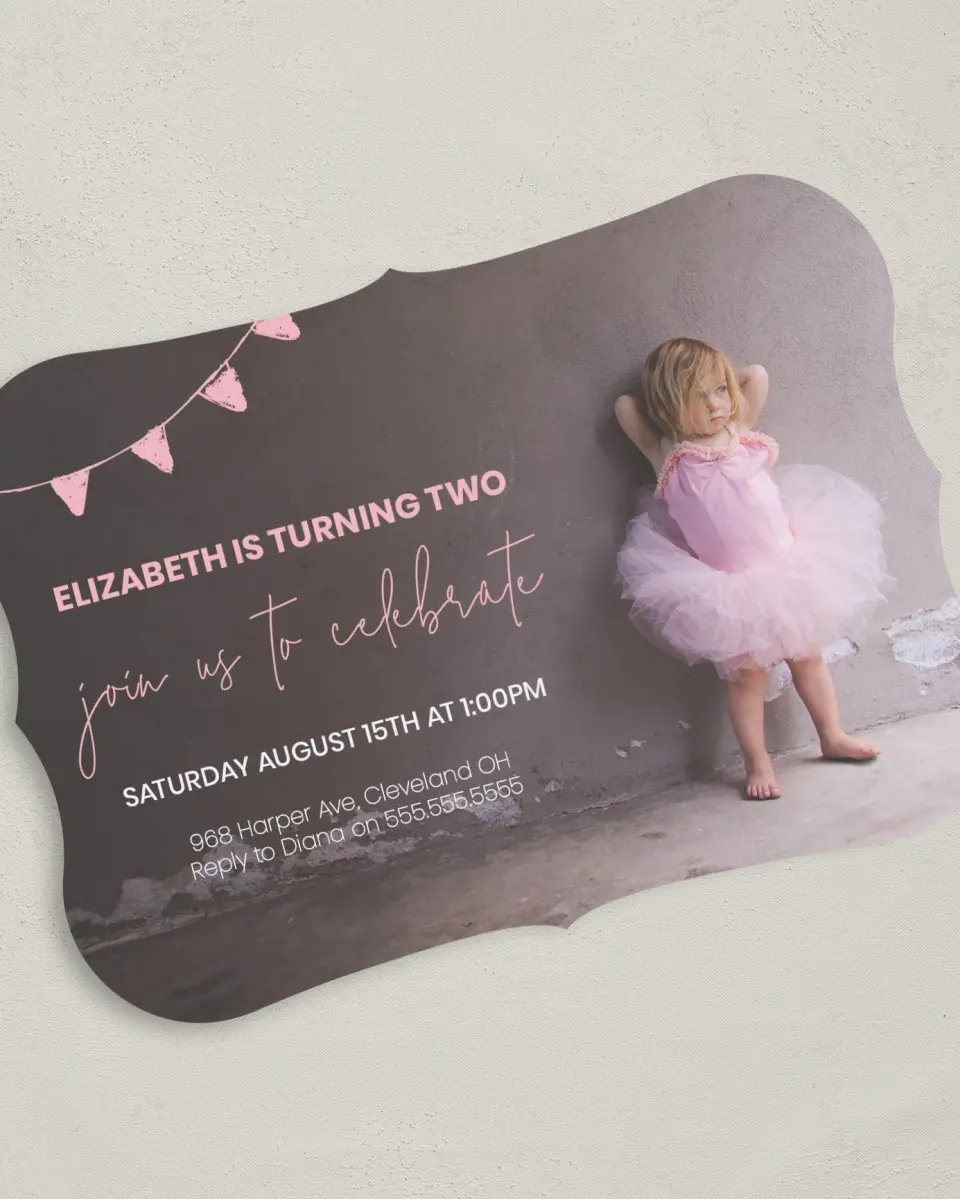 This is a 5" x 7" Birthday Party Invitation called Banner Beauty printed in full color with Gold foil on Luxe Satin (coated) paper